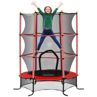 Trampoline Enfant Ø 1,63 × 1,9H m Filet de sécurité Porte zipée Couvre-Ressorts 6 poteaux rembourrés Inclus Rouge