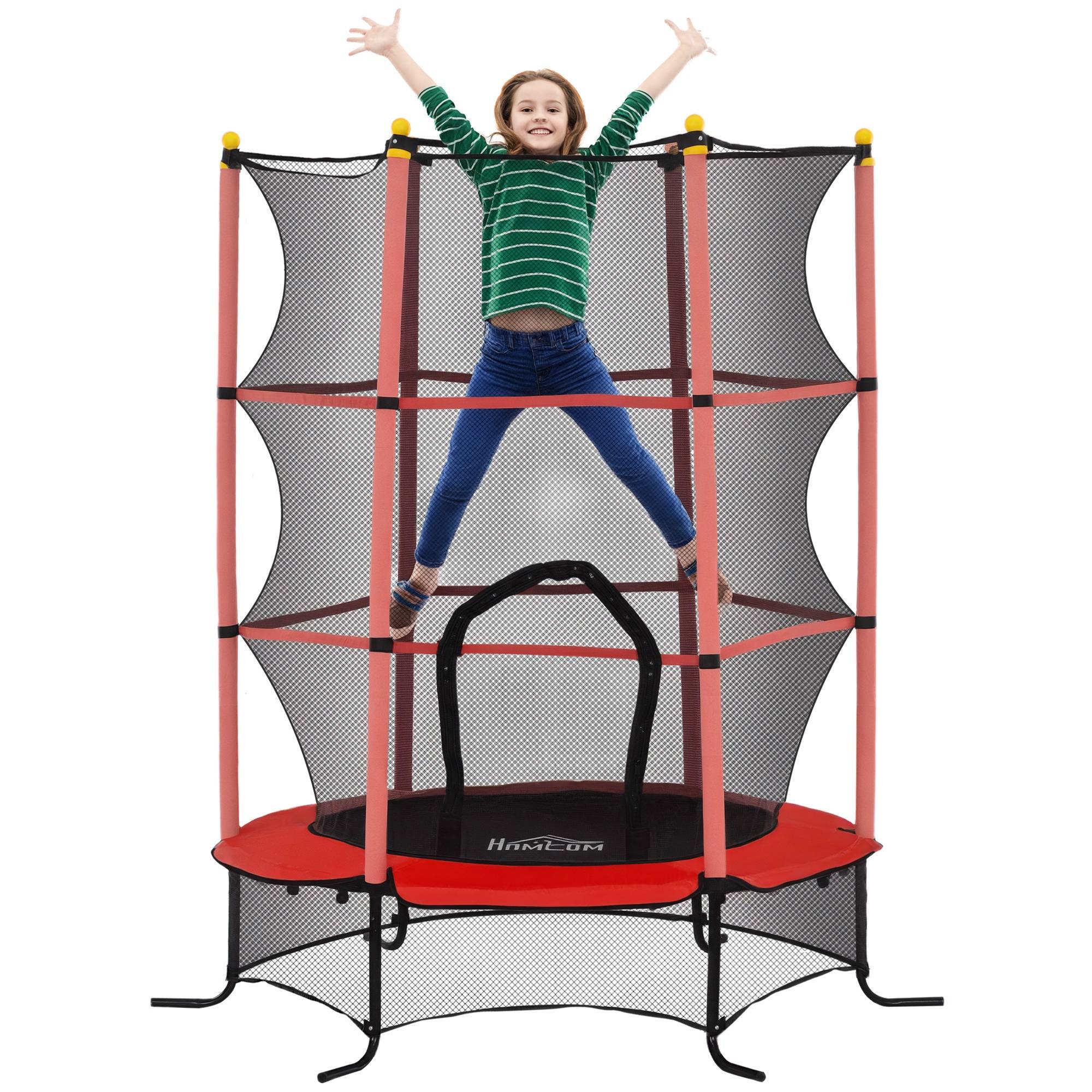 Trampoline Enfant Ø 1,63 × 1,9H m Filet de sécurité Porte zipée Couvre-Ressorts 6 poteaux rembourrés Inclus Rouge