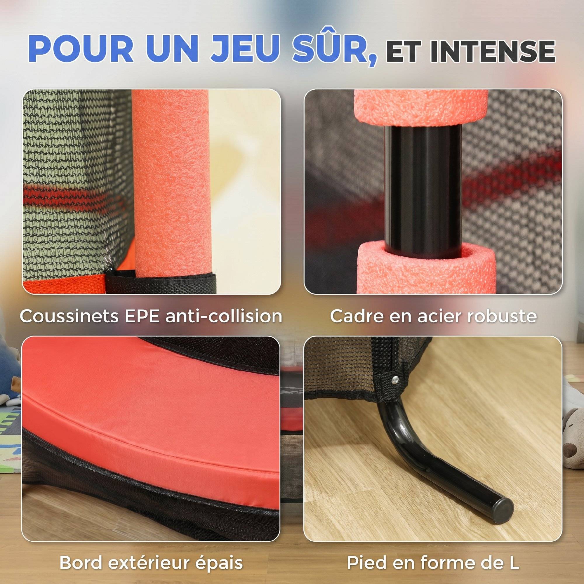 Trampoline Enfant Ø 1,63 × 1,9H m Filet de sécurité Porte zipée Couvre-Ressorts 6 poteaux rembourrés Inclus Rouge - Image 9