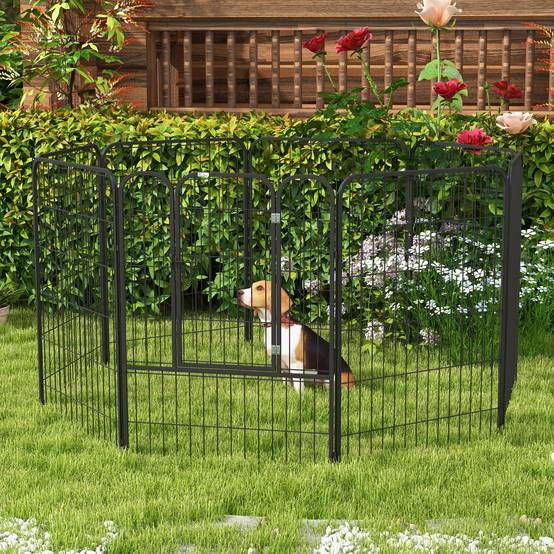Parc pour animaux de compagnie à 8 panneaux, 80 x 100 cm, avec porte et double fermeture métallique, noir. - Image 3