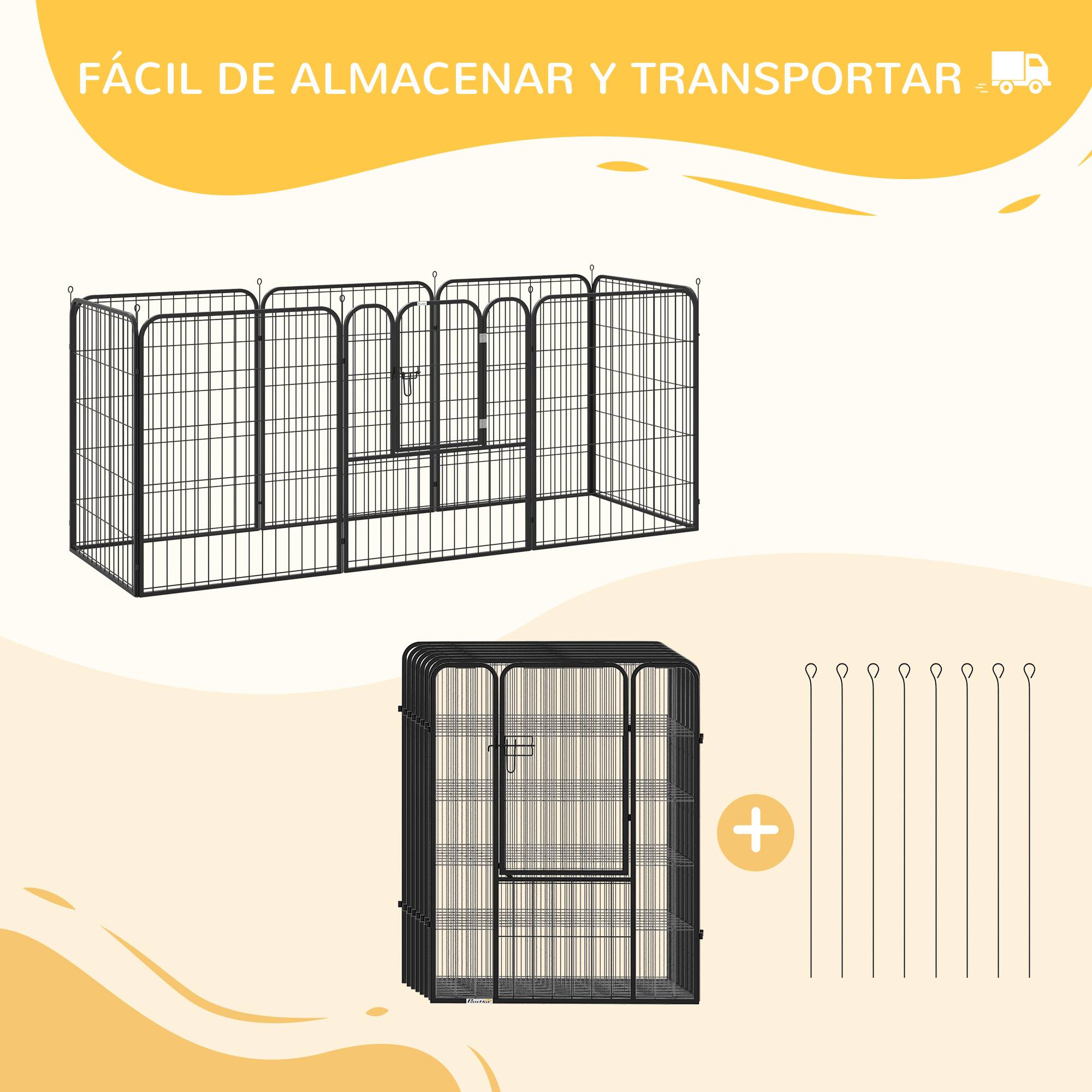 Parc pour animaux de compagnie à 8 panneaux, 80 x 100 cm, avec porte et double fermeture métallique, noir. - Image 8