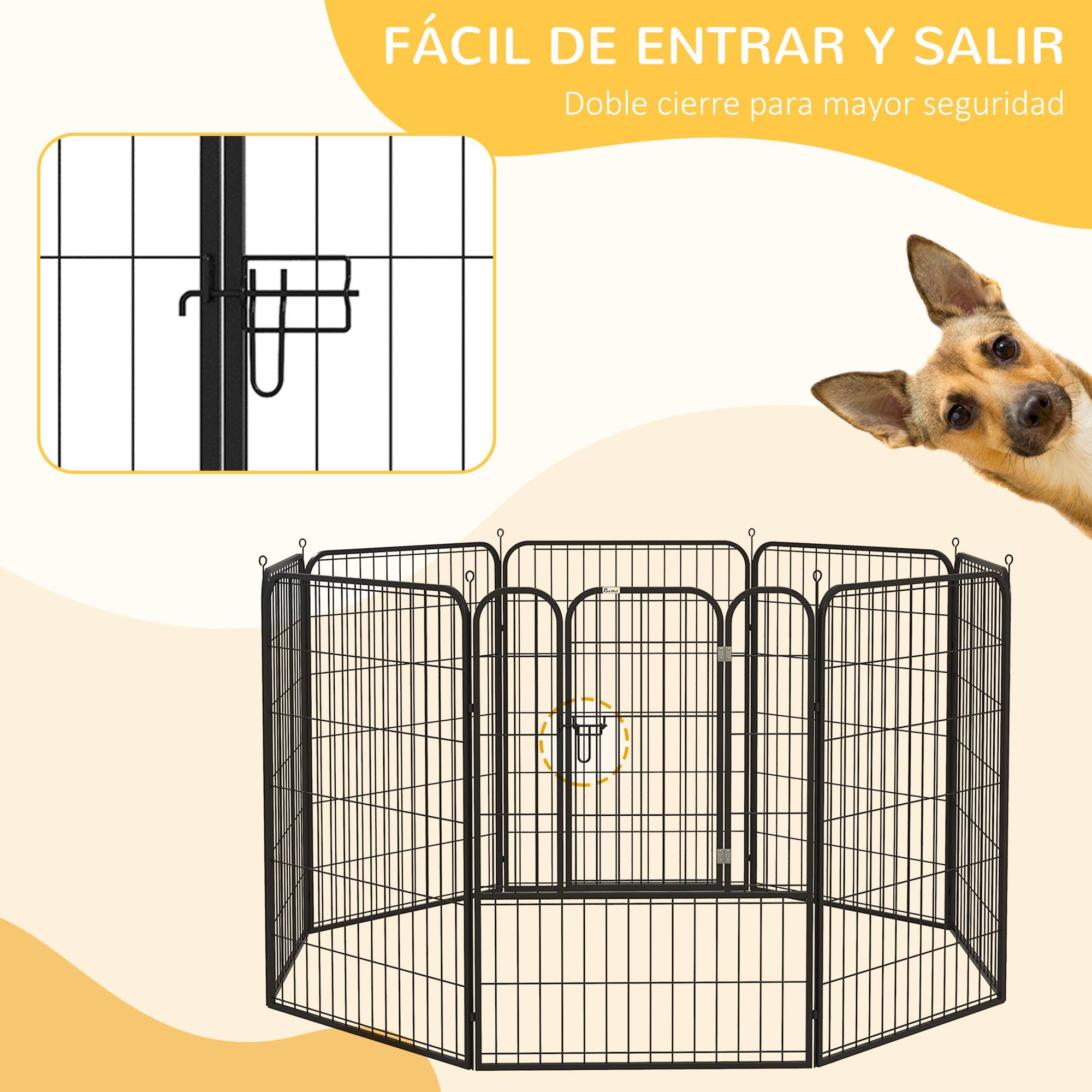 Parc pour animaux de compagnie à 8 panneaux, 80 x 100 cm, avec porte et double fermeture métallique, noir. - Image 7