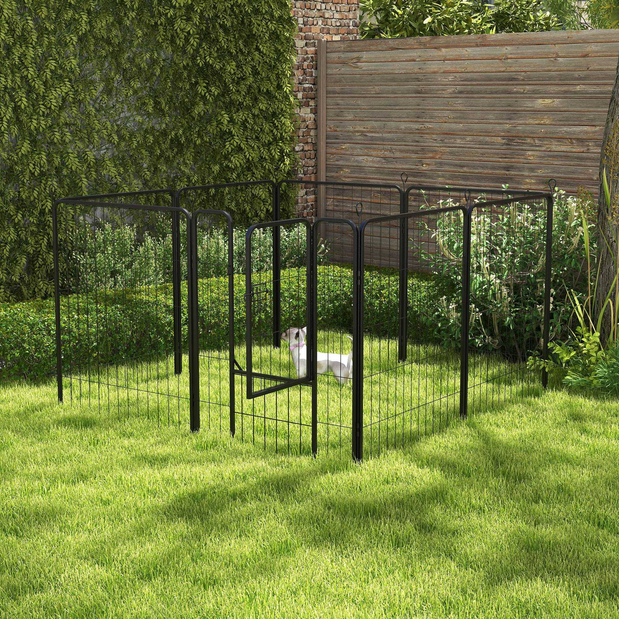 Parc pour animaux de compagnie à 8 panneaux, 80 x 100 cm, avec porte et double fermeture métallique, noir. - Image 4
