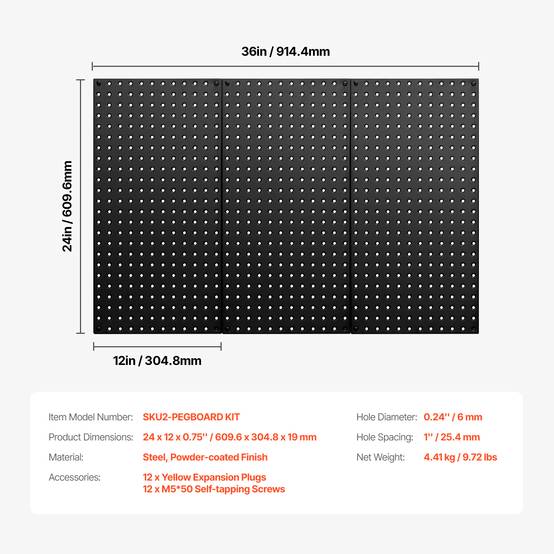 VEVOR Panneau perforé mural 609,6x304,8 mm, métal, 3 panneaux, noir. - Image 7