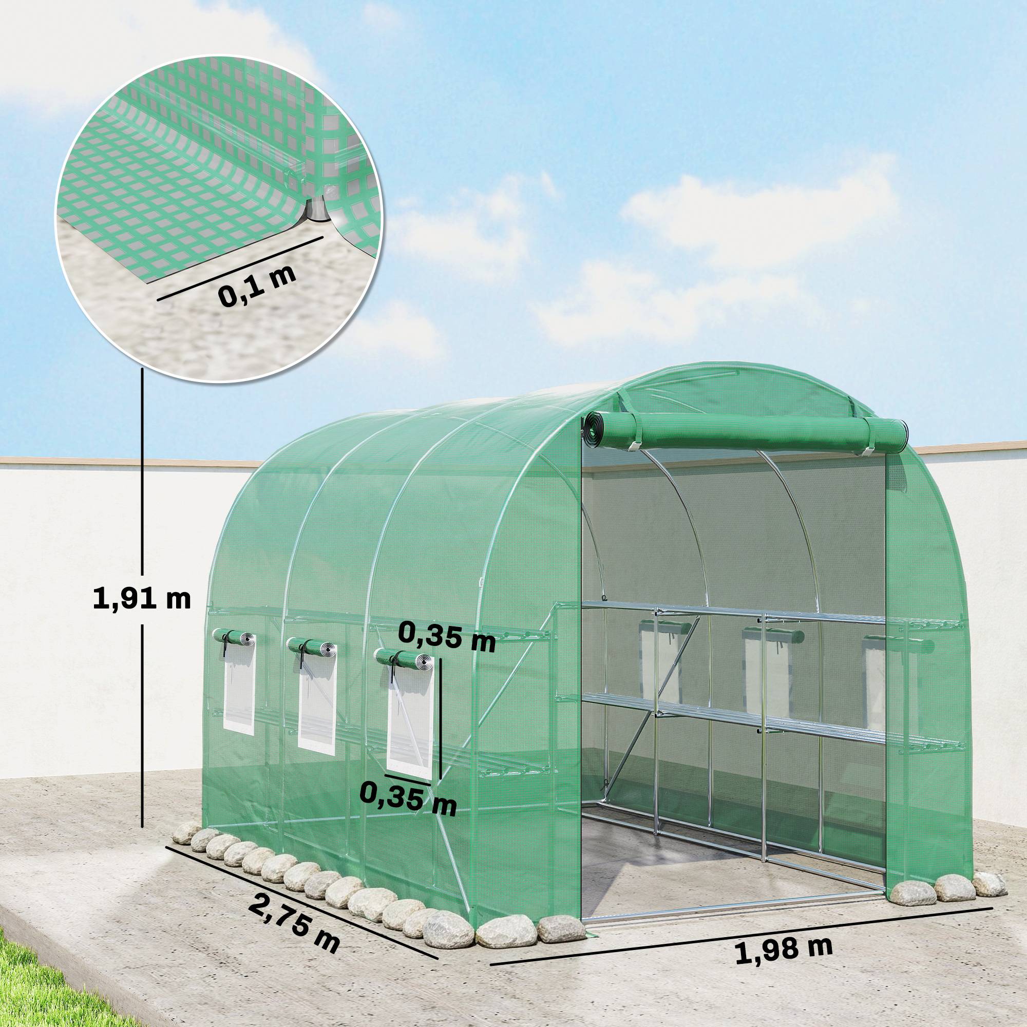 Sans Marque - Serre extérieure 2,8 x 2 x 1,9 m avec étagères, serre tunnel avec porte enroulable et 6 fenêtres en filet vert - Image 5