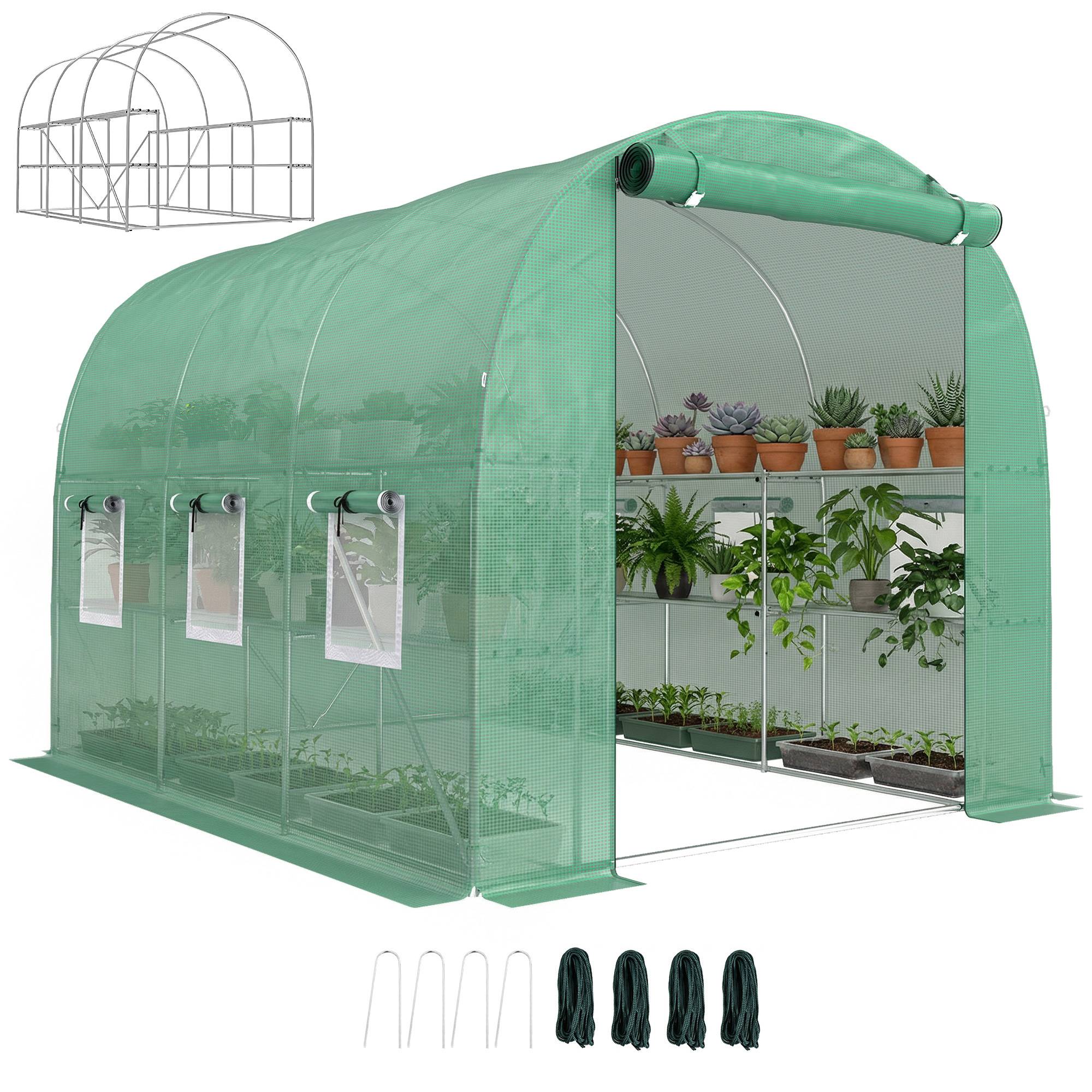 Sans Marque - Serre extérieure 2,8 x 2 x 1,9 m avec étagères, serre tunnel avec porte enroulable et 6 fenêtres en filet vert - Image 1