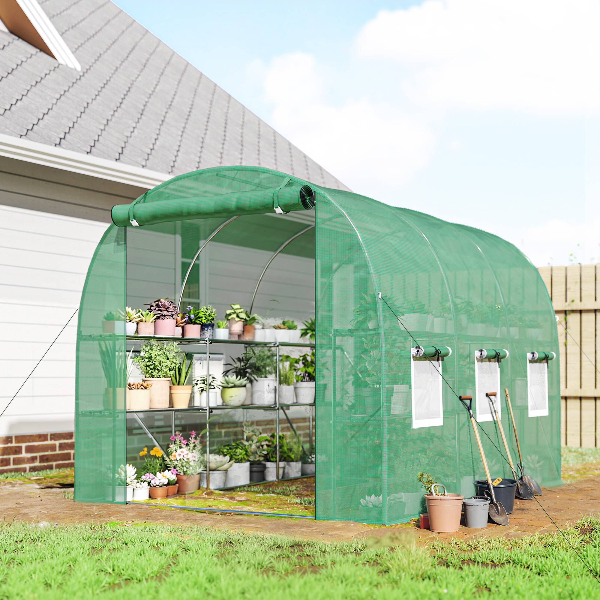 Sans Marque - Serre extérieure 2,8 x 2 x 1,9 m avec étagères, serre tunnel avec porte enroulable et 6 fenêtres en filet vert - Image 3