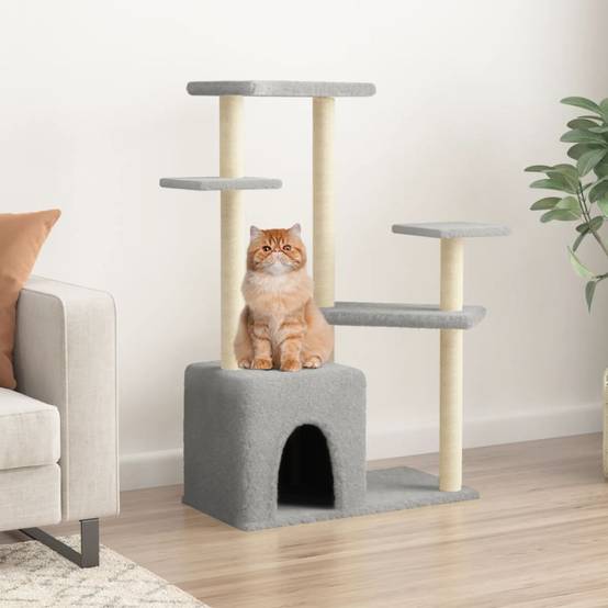 Arbre à chat design en sisal avec niche et plateformes de repos Gris Clair 107,5 cm – ComfortXL Pet Living - Image 1