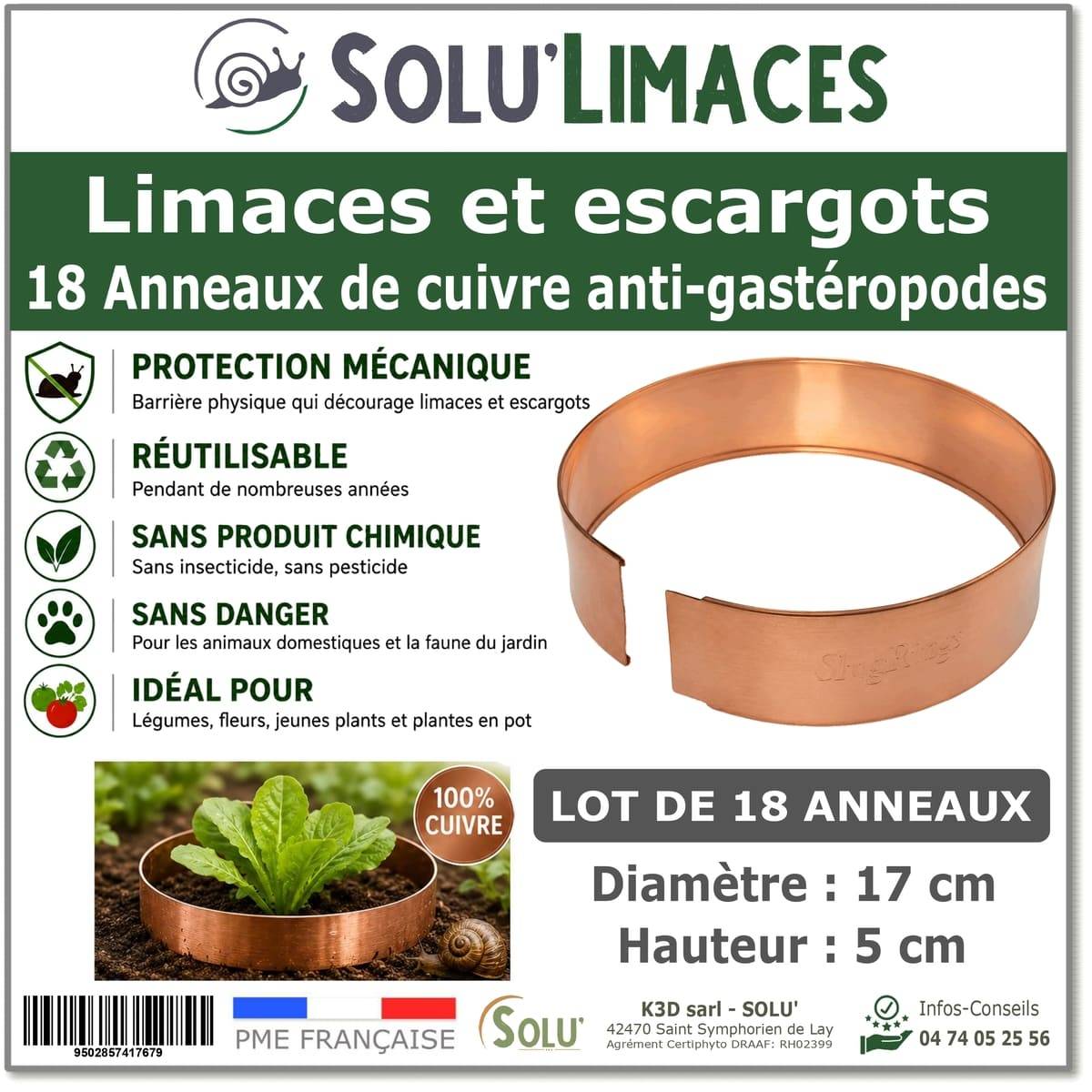 Tout pour les nuisibles - 18 Anneaux de Cuivre Anti-Limaces et Escargots SOLU'LIMACES – Ø17 cm – Protection des Salades, Fraisiers, Aromatiques, Potager et Fleurs
