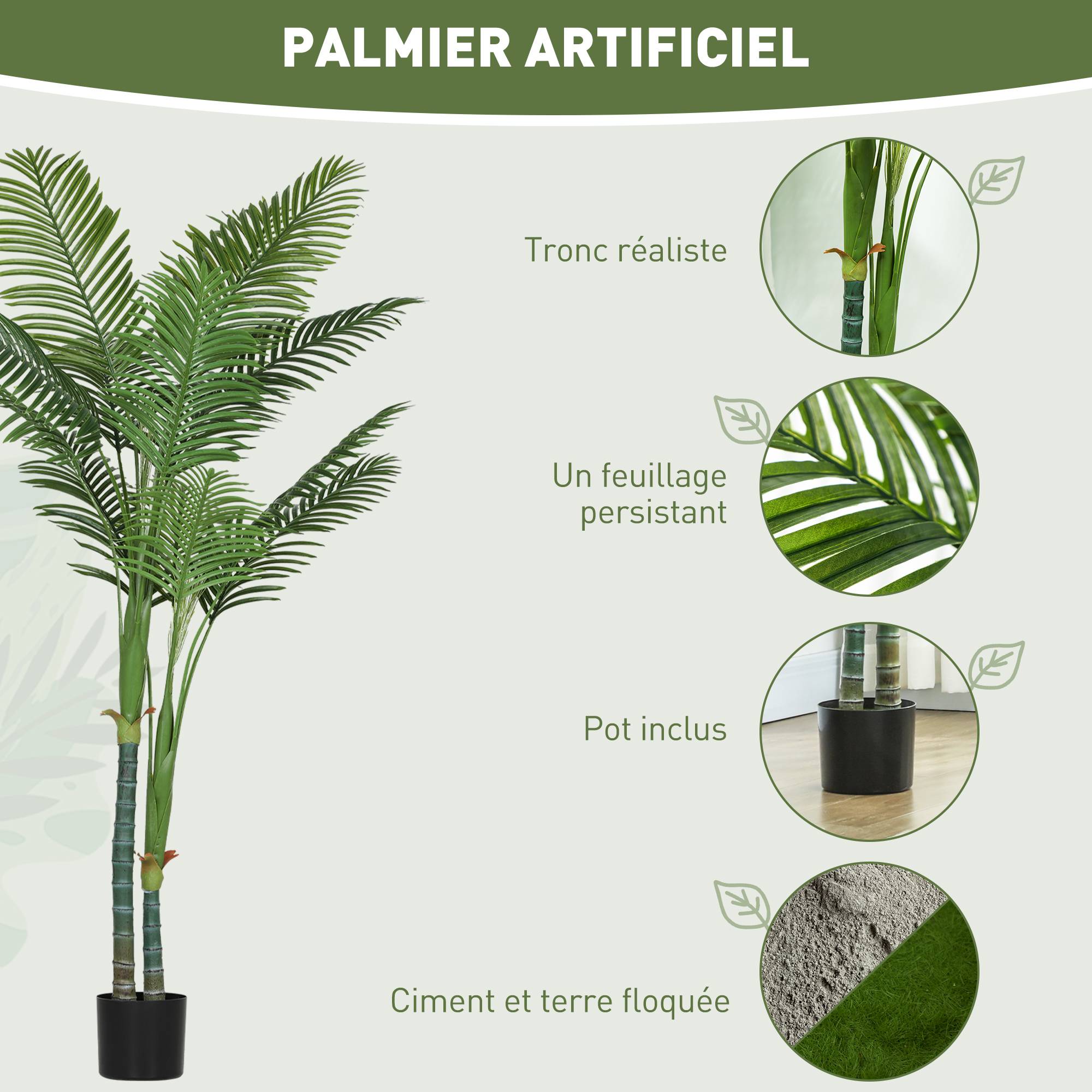 Palmier Areca artificiel plastique vert 18 x 18 x 180 cm - PANGIVO - Image 6