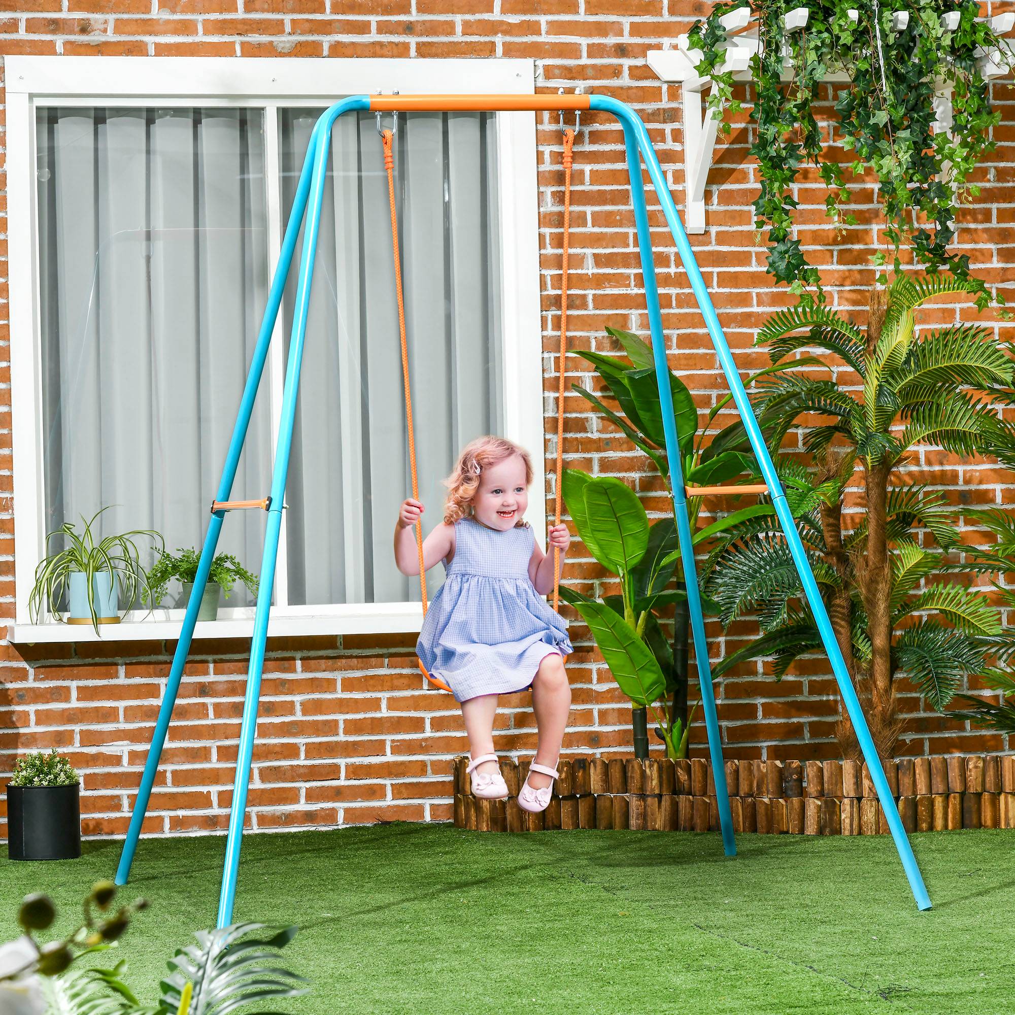 Balançoire jardin enfant 3-8 ans acier et PE, siège et piquets d’ancrage, 163×145×181 cm, installation stable en extérieur - Image 1
