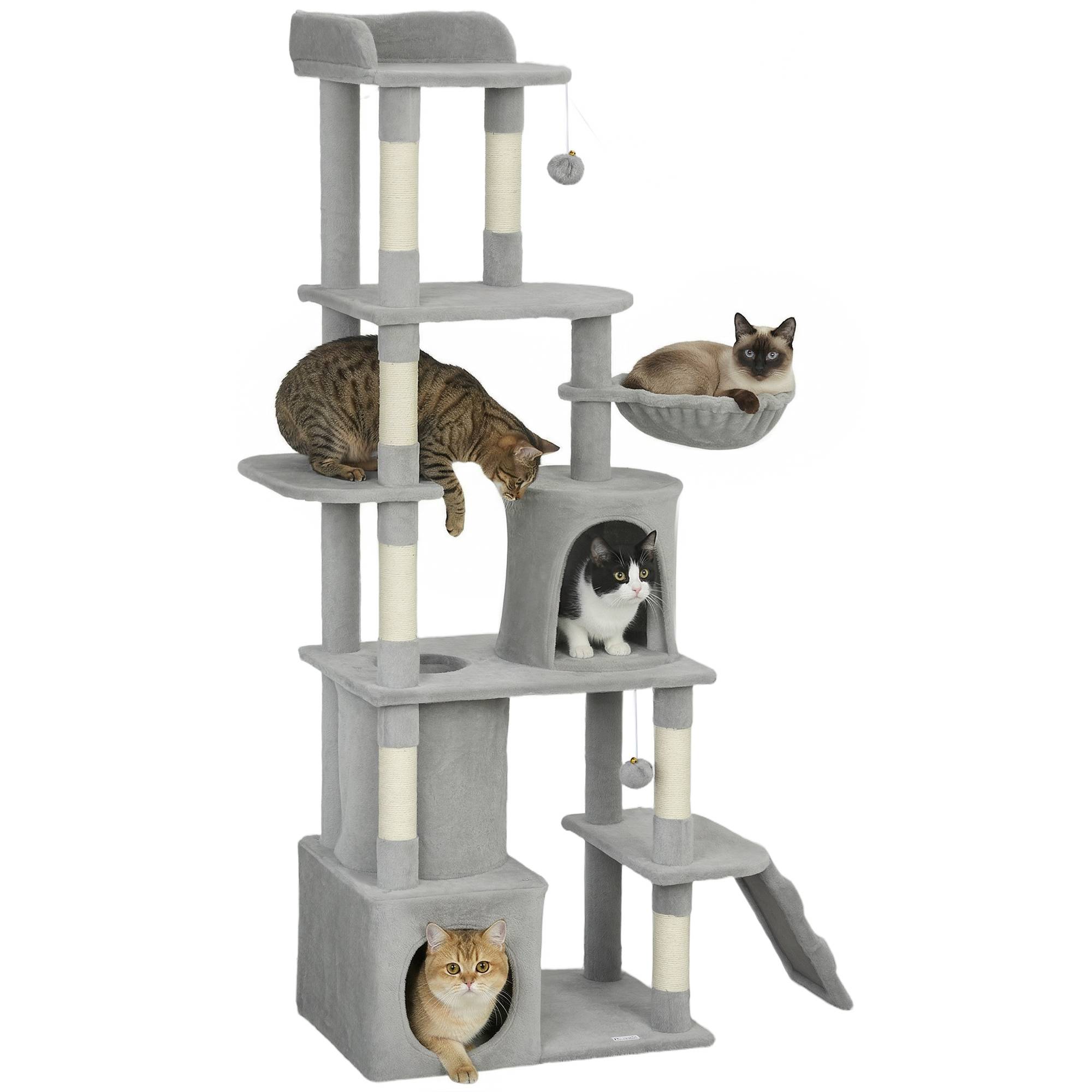 Arbre à chat XXL, 7 poteaux sisal, 3 plateformes, 2 niches, tunnel, hamac, pompons, 170 cm, gris foncé