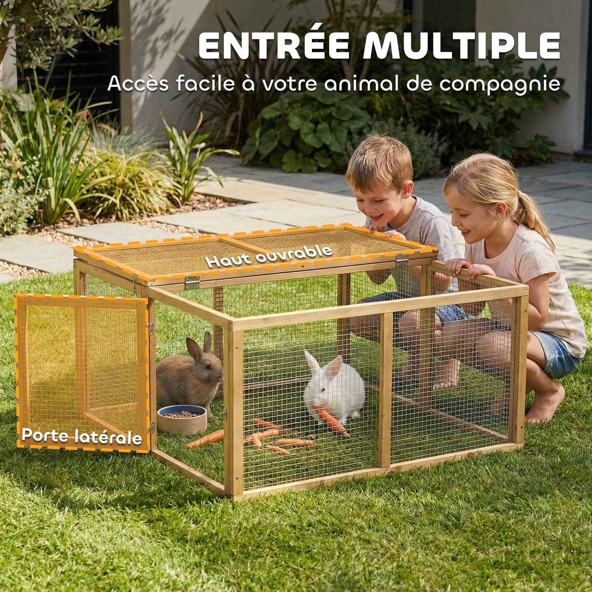Enclos lapin intérieur extérieur pliable, toit entièrement ouvrable, poignée, 1,44㎡, 120x120x57cm, naturel - Image 7