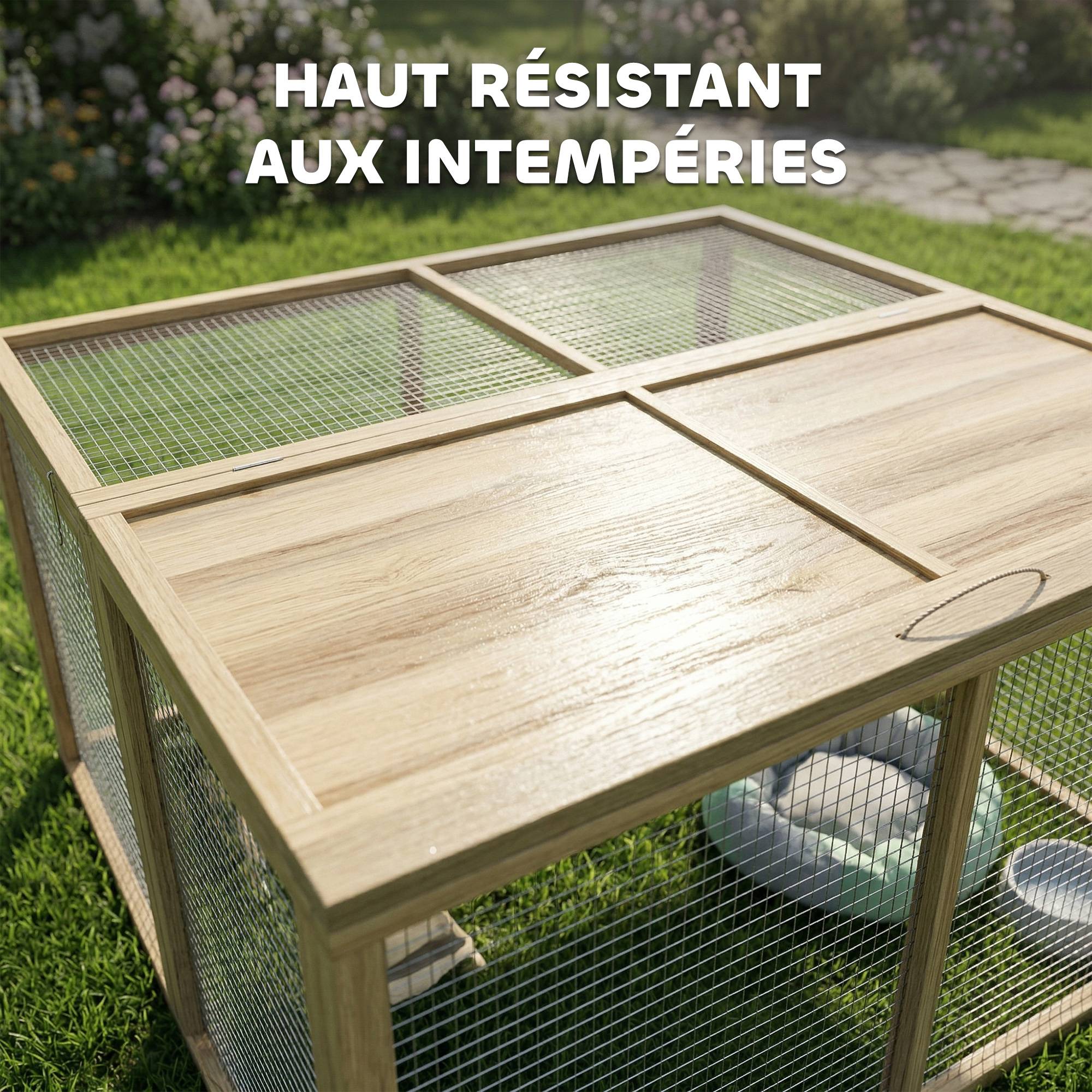 Enclos lapin intérieur extérieur pliable, toit entièrement ouvrable, poignée, 1,44㎡, 120x120x57cm, naturel - Image 9