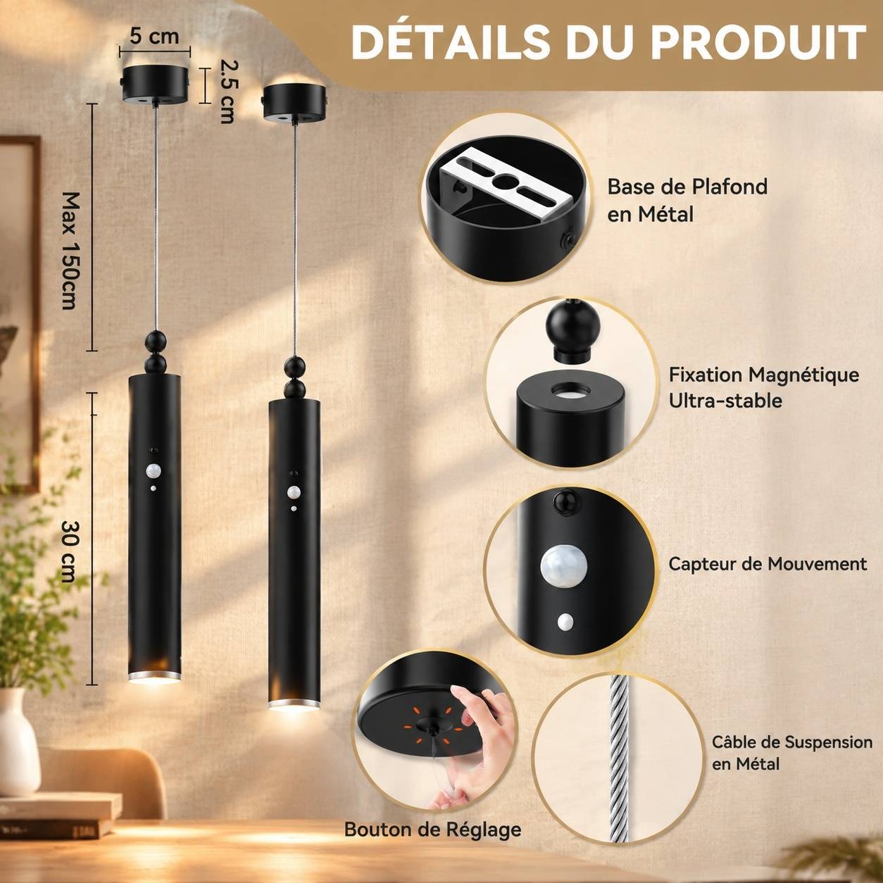 Lot de 2 Suspensions LED Sans Fil Rechargeables Dimmable 3 Températures Minuteur - Image 5