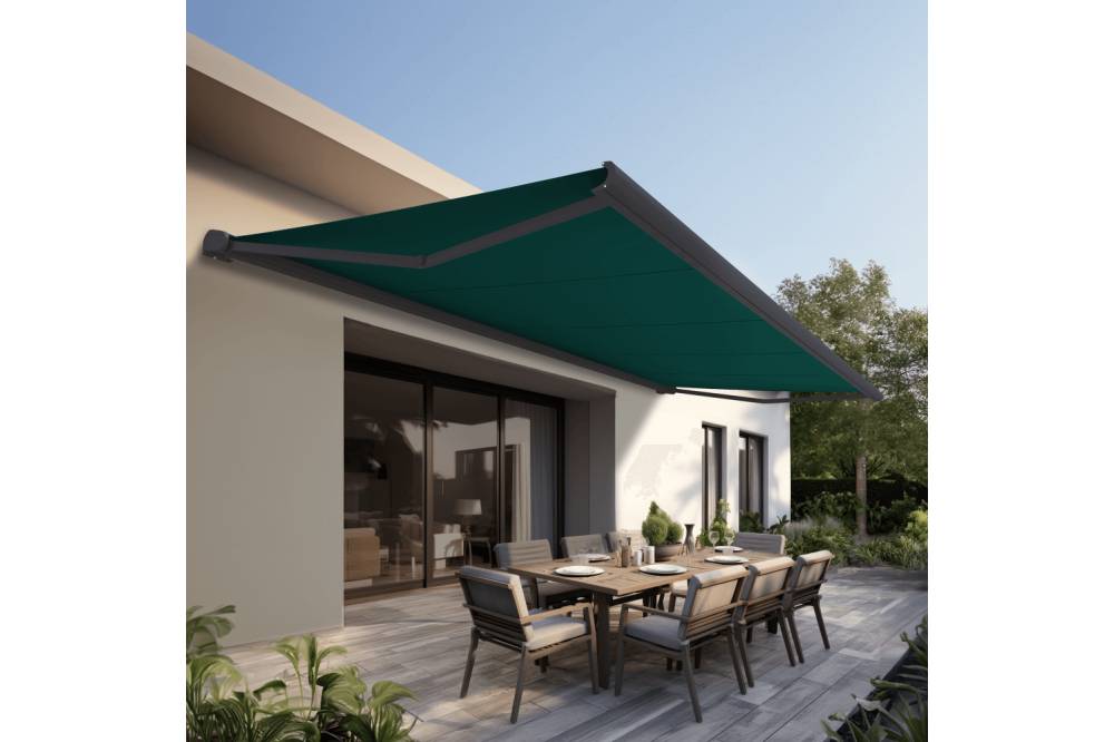 Ombrazur - Store banne Coffre intégral PROTECT 2 LED Gris Anthracite 6x3,5m Motorisé à télécommande + Eclairage LED - Toile Verte - Image 2