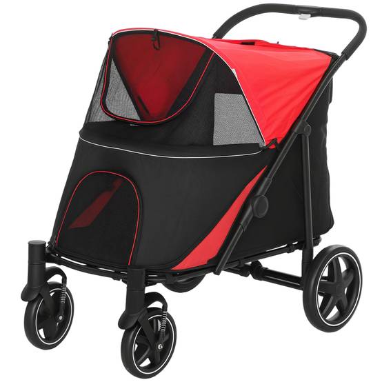 Poussette pliable pour chien avec fenêtres en filet et sangles de sécurité, 112 x 67 x 100 cm, rouge - Image 2