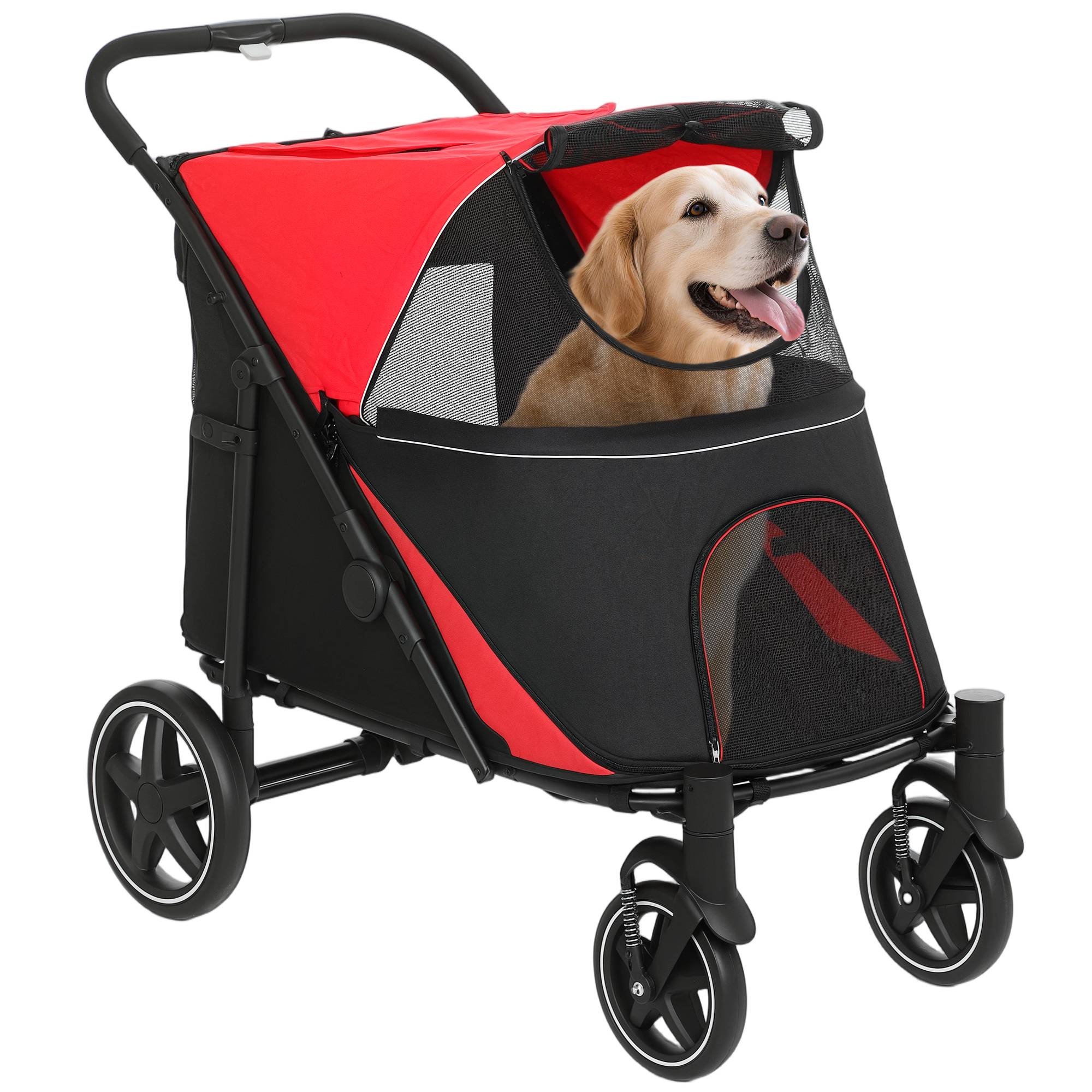 Poussette pliable pour chien avec fenêtres en filet et sangles de sécurité, 112 x 67 x 100 cm, rouge - Image 1