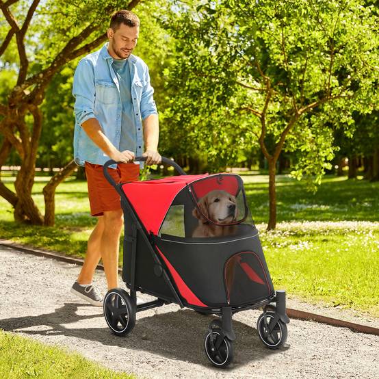 Poussette pliable pour chien avec fenêtres en filet et sangles de sécurité, 112 x 67 x 100 cm, rouge - Image 3
