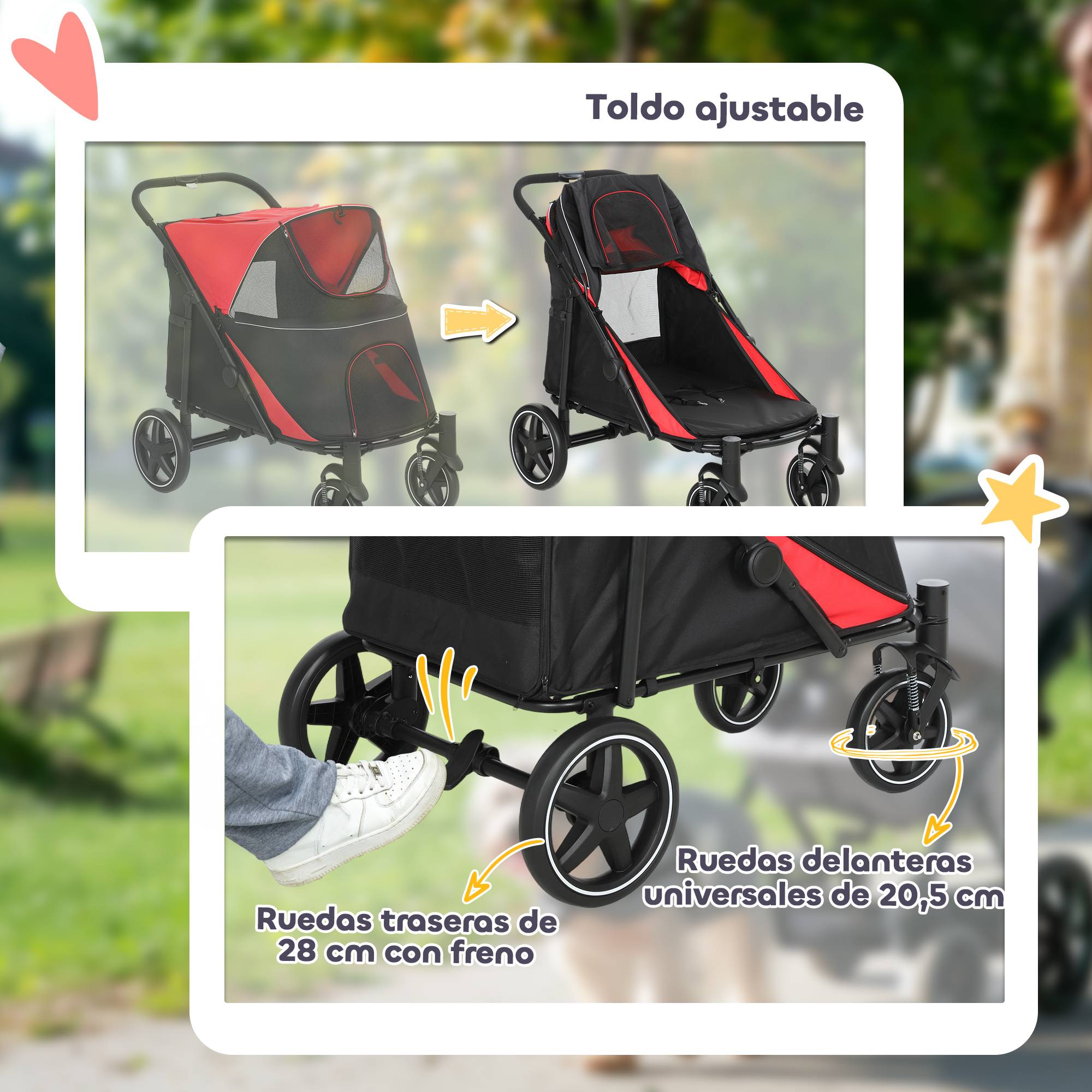 Poussette pliable pour chien avec fenêtres en filet et sangles de sécurité, 112 x 67 x 100 cm, rouge - Image 8