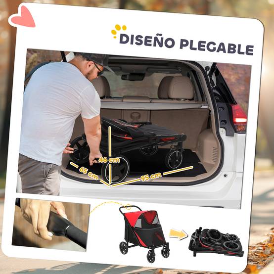 Poussette pliable pour chien avec fenêtres en filet et sangles de sécurité, 112 x 67 x 100 cm, rouge - Image 7
