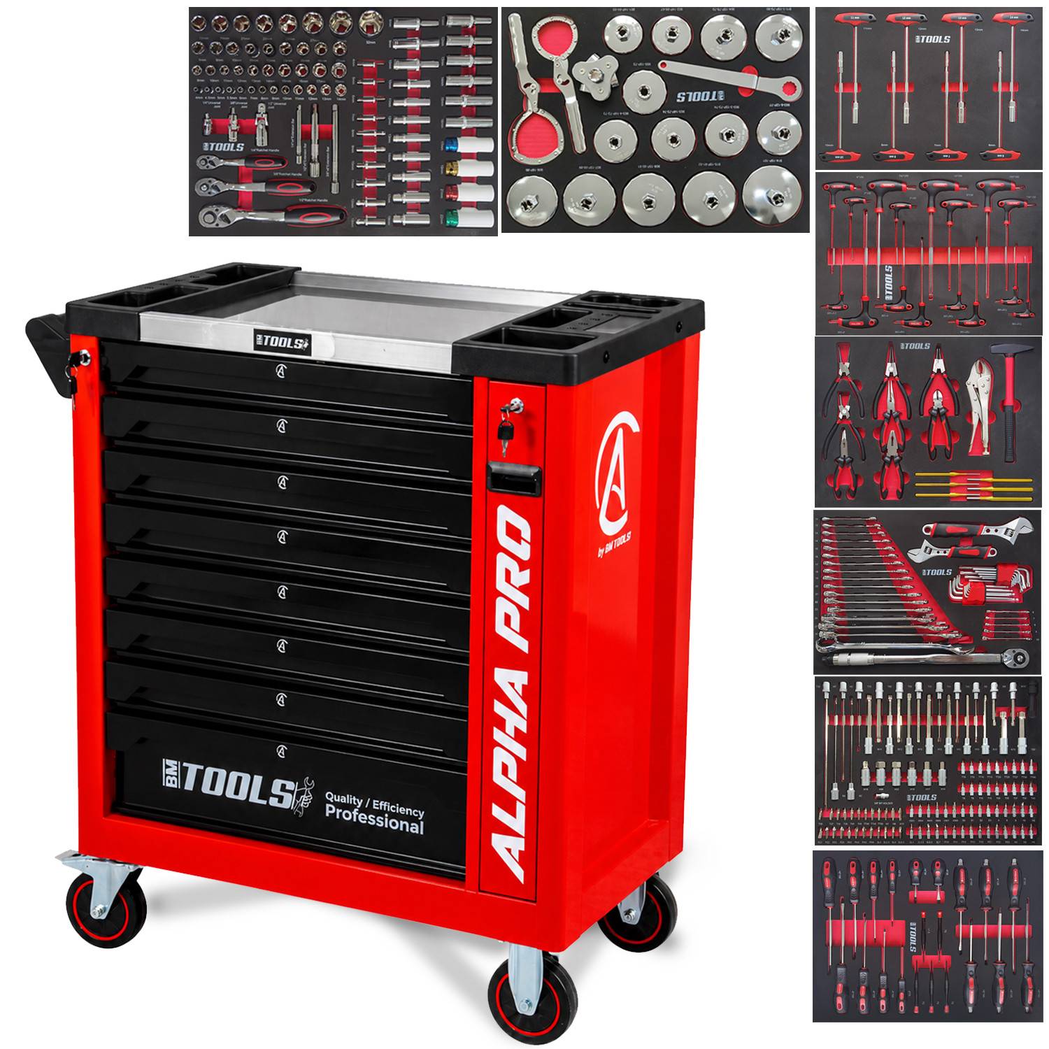Servante d'Atelier Garage Automobile BM TOOLS ALPHA-PRO - 9 Tiroirs - 311 OUTILS, 4 roues, 2 freins, Chariot MECANICIEN - Rouge - Image 1
