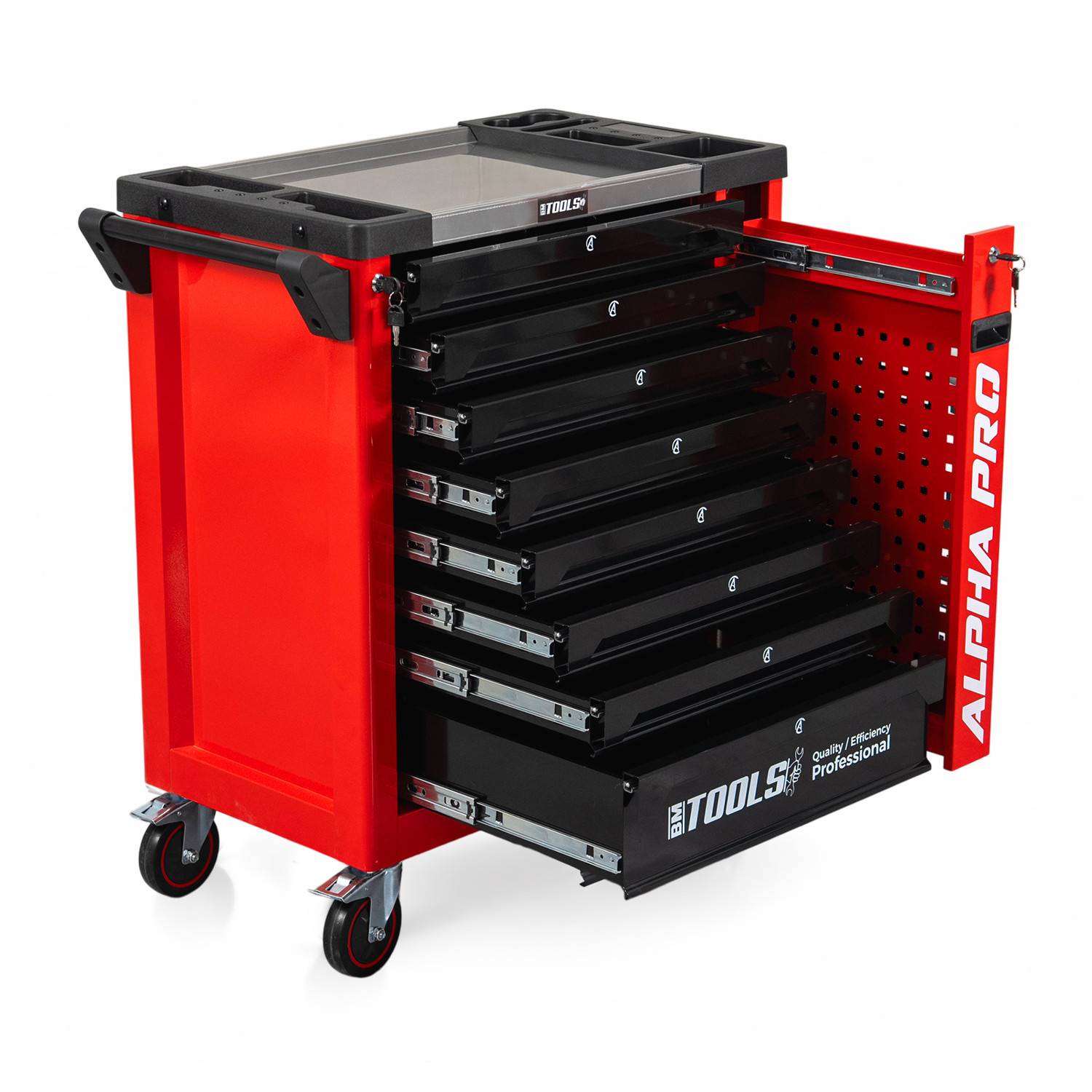 Servante d'Atelier Garage Automobile BM TOOLS ALPHA-PRO - 9 Tiroirs - 311 OUTILS, 4 roues, 2 freins, Chariot MECANICIEN - Rouge - Image 2