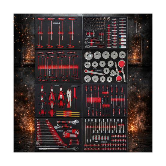 Servante d'Atelier Garage Automobile BM TOOLS ALPHA-PRO - 9 Tiroirs - 311 OUTILS, 4 roues, 2 freins, Chariot MECANICIEN - Rouge - Image 4