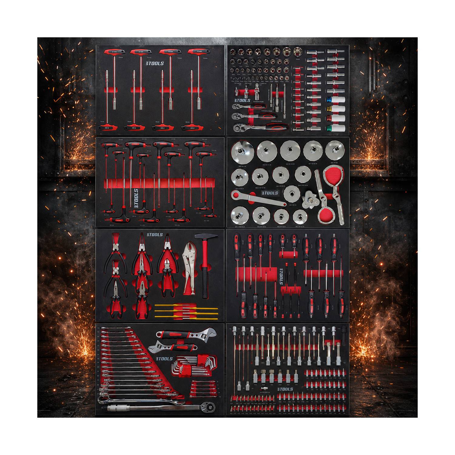 Servante d'Atelier Garage Automobile BM TOOLS ALPHA-PRO - 9 Tiroirs - 311 OUTILS, 4 roues, 2 freins, Chariot MECANICIEN - Rouge - Image 4