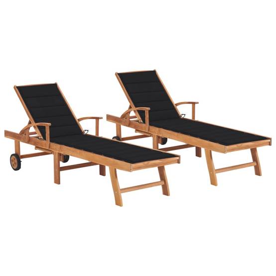 Set 2 Lits Extérieur Teck Massif Roulettes et Coussins Noir – ComfortXL Outdoor Living - Imagen 1