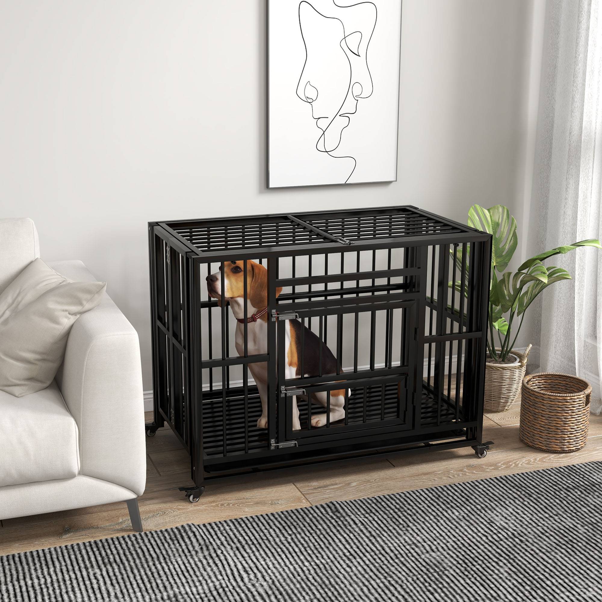 Pawhut - Cage pour chien animaux cage de transport sur roulettes pliable 3 portes verrouillables plateau amovible acier noir - Imagen 2