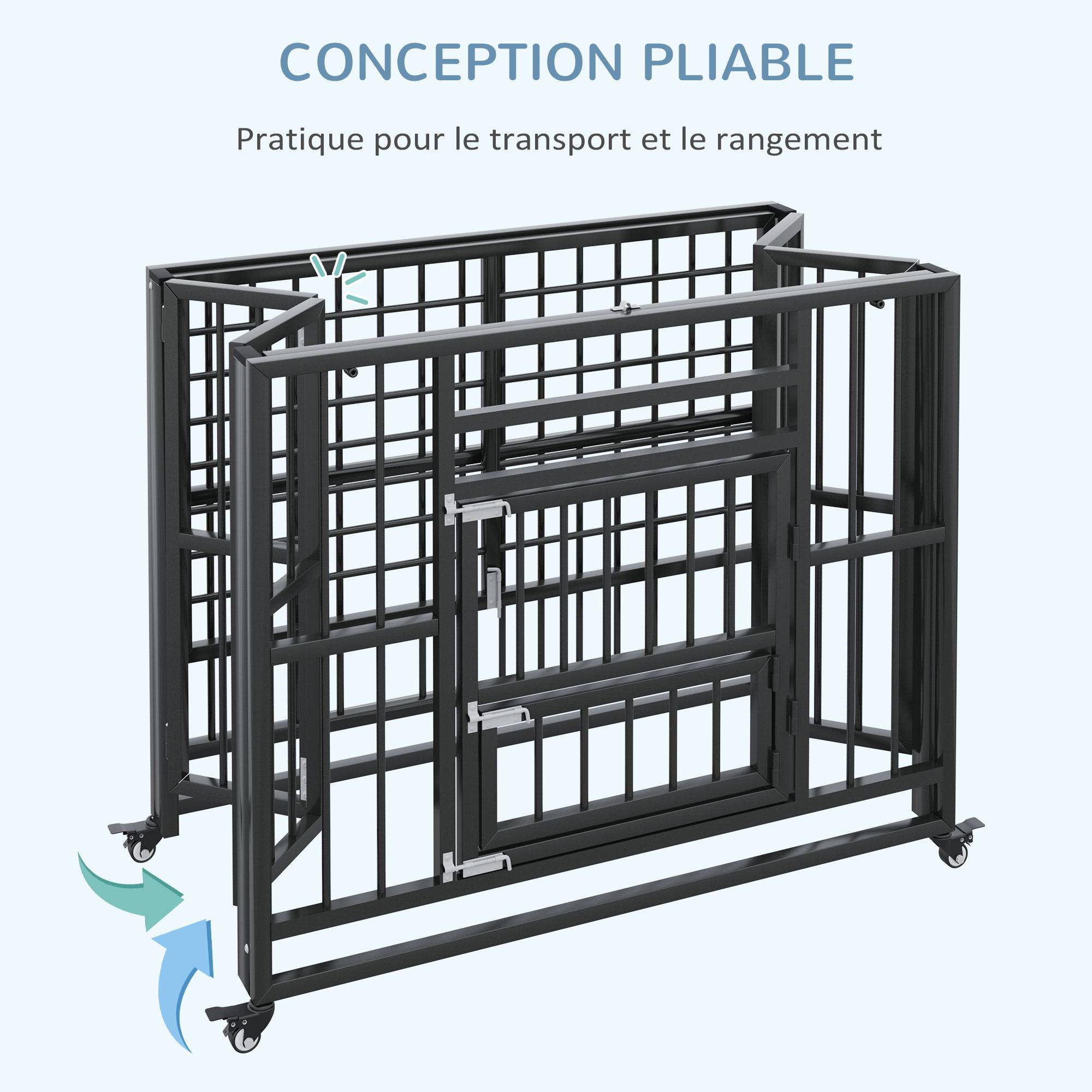 Pawhut - Cage pour chien animaux cage de transport sur roulettes pliable 3 portes verrouillables plateau amovible acier noir - Imagen 4
