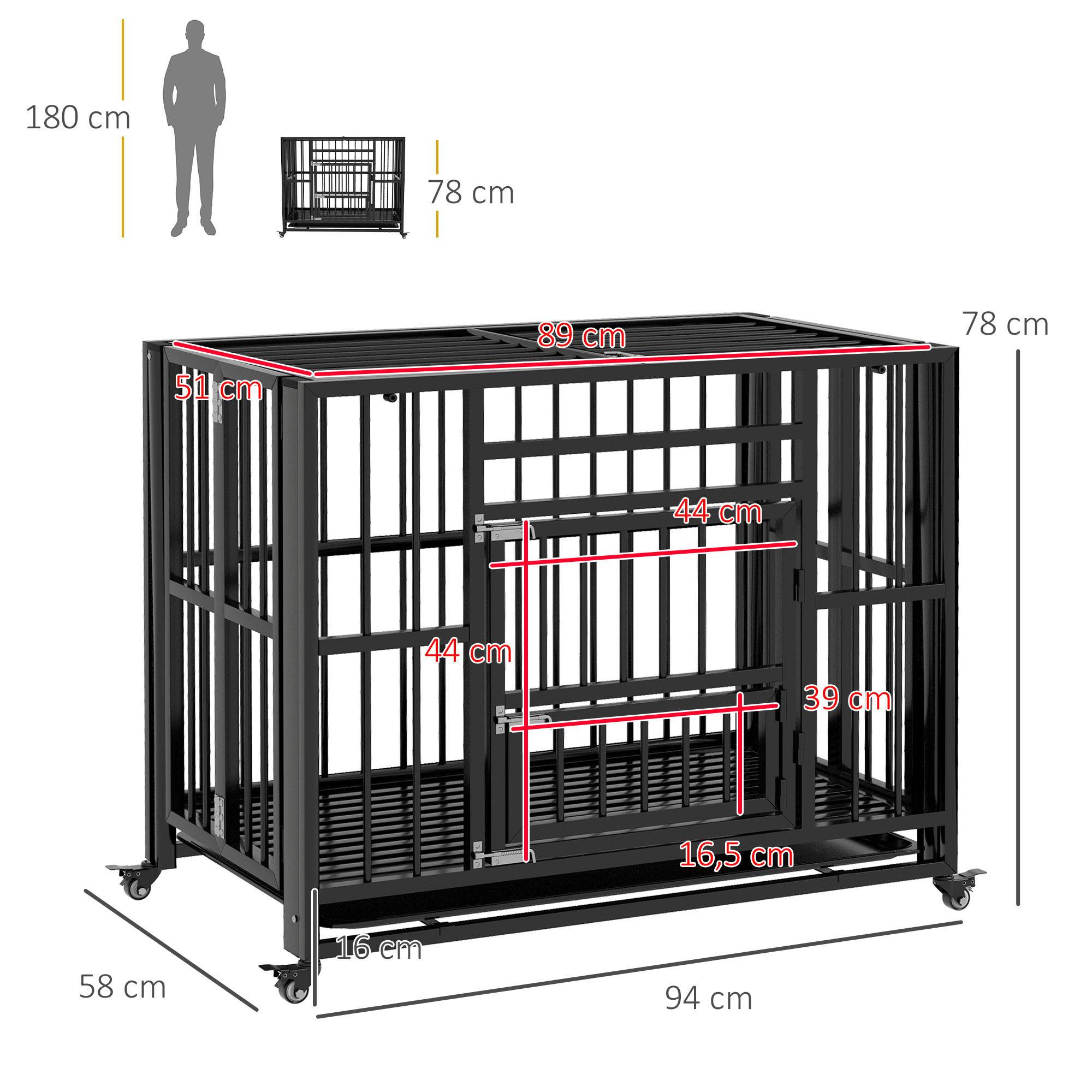 Pawhut - Cage pour chien animaux cage de transport sur roulettes pliable 3 portes verrouillables plateau amovible acier noir - Imagen 3