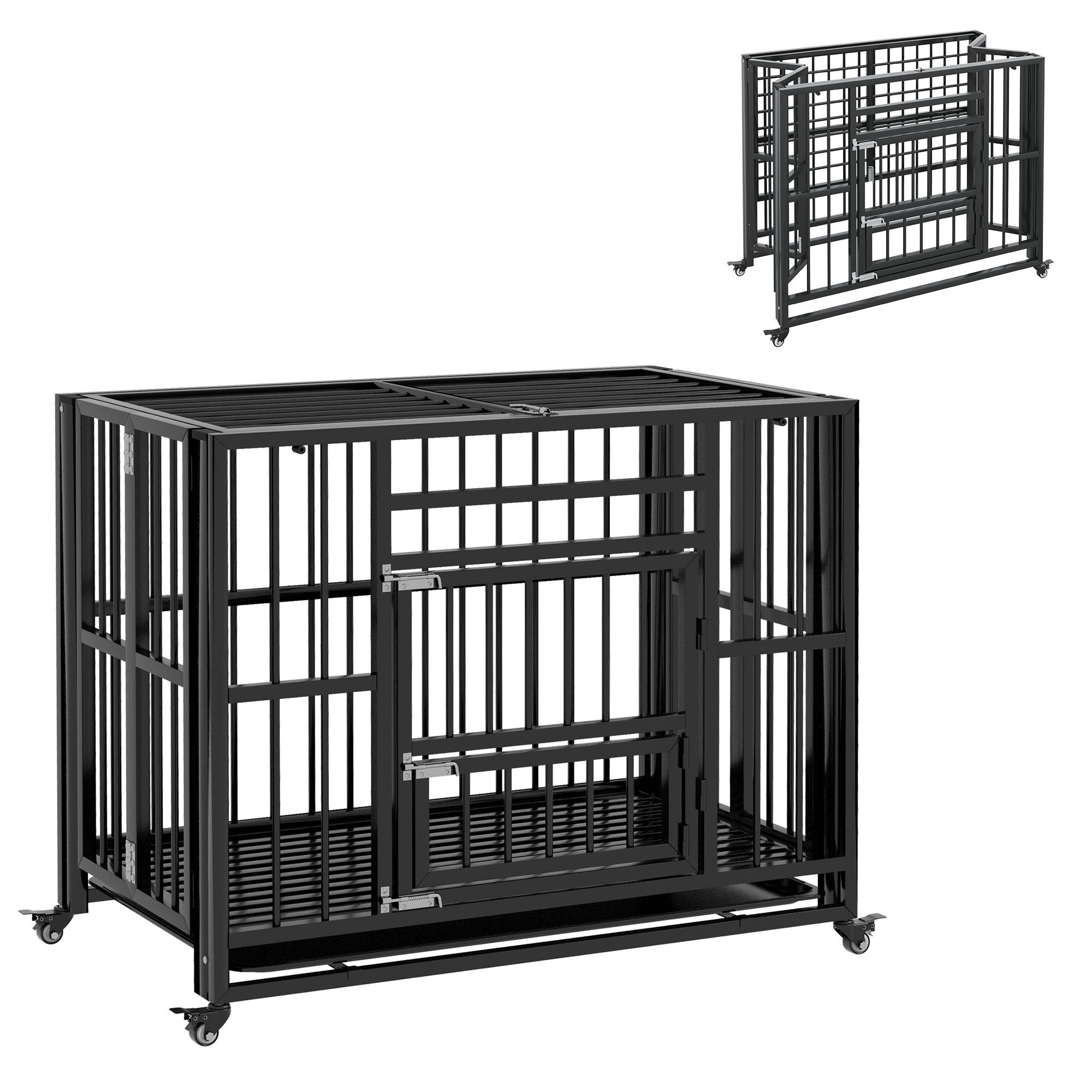 Pawhut - Cage pour chien animaux cage de transport sur roulettes pliable 3 portes verrouillables plateau amovible acier noir - Imagen 1