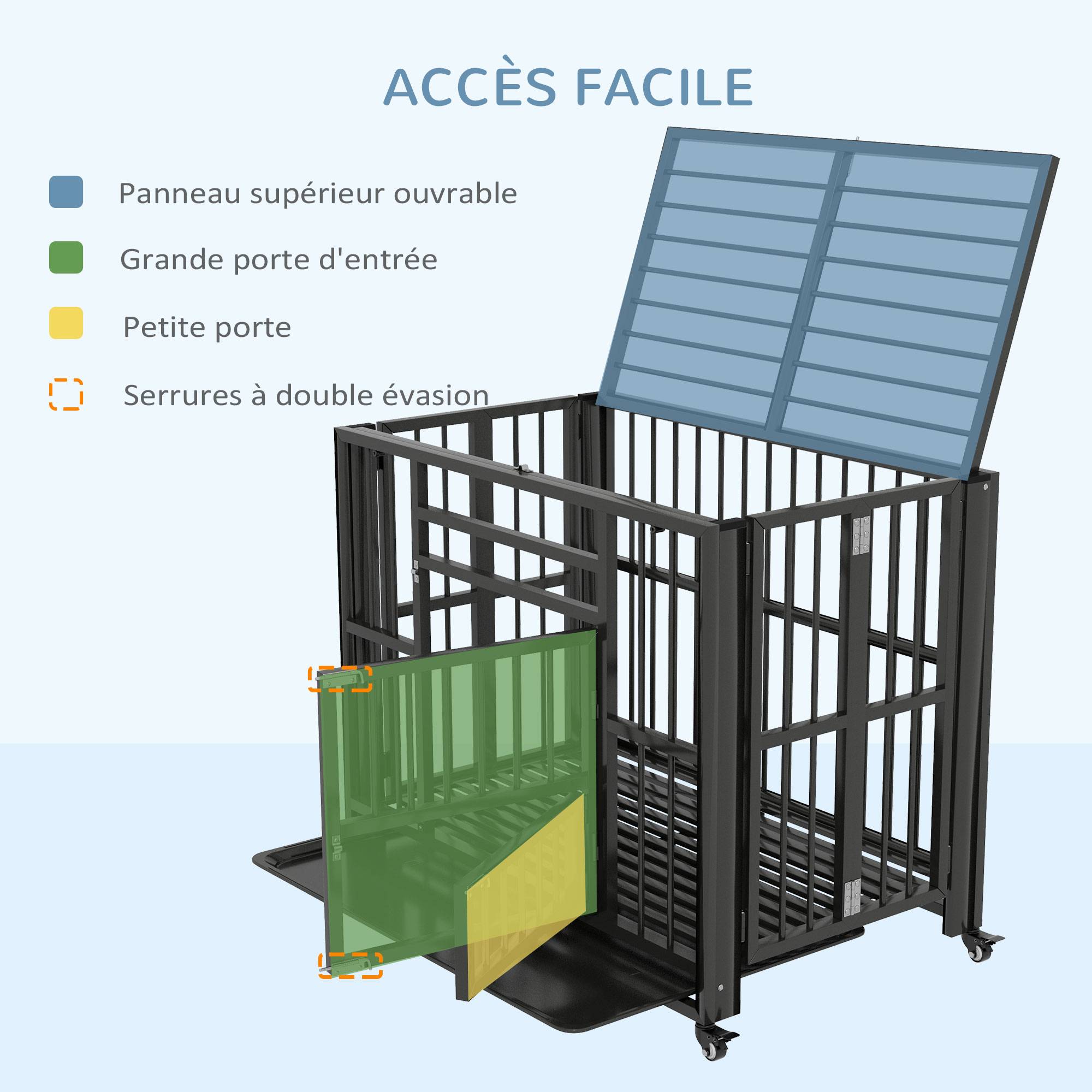 Pawhut - Cage pour chien animaux cage de transport sur roulettes pliable 3 portes verrouillables plateau amovible acier noir - Imagen 5