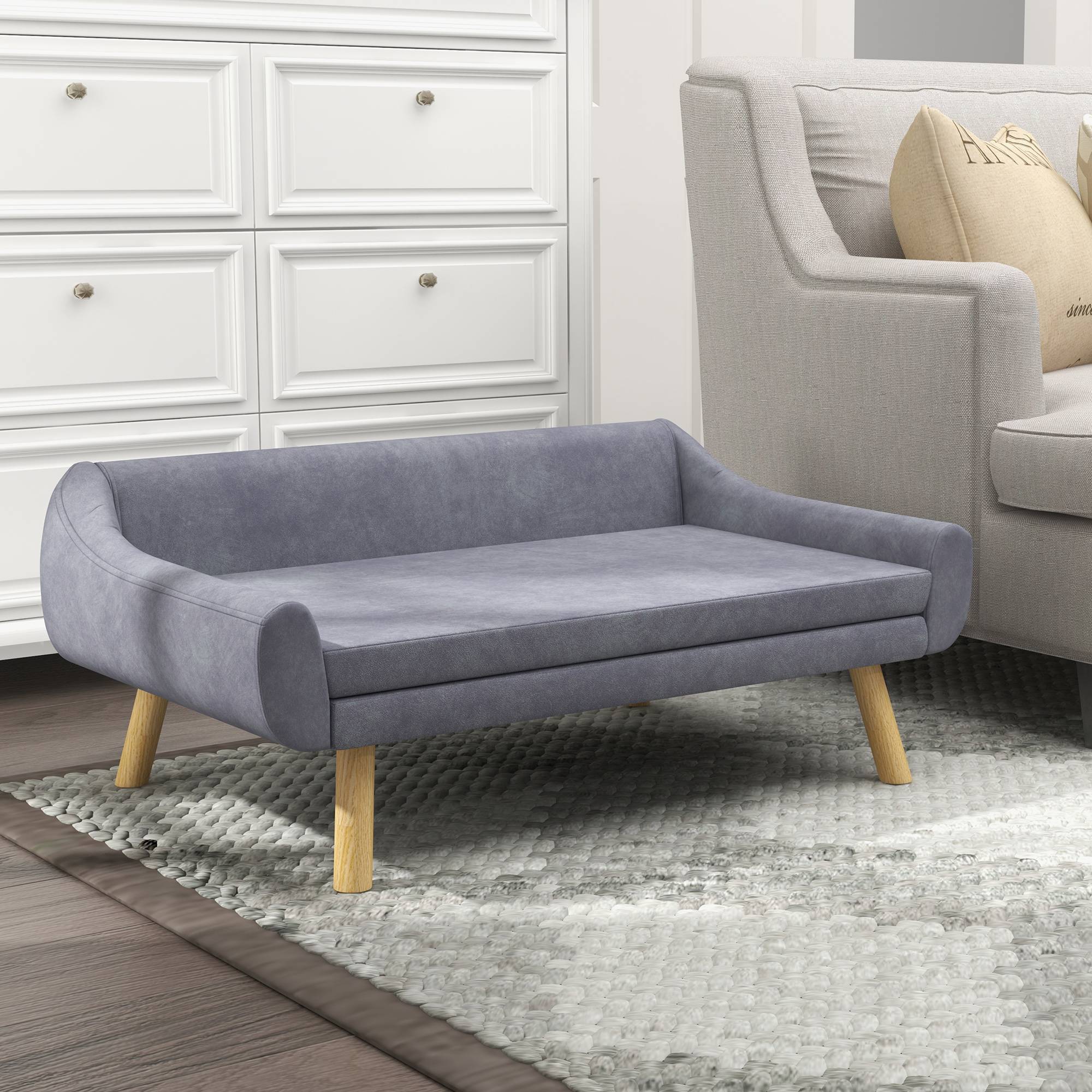 Sans Marque - Haustiersofa Hundesofa Skandidesign abnehmbares Polster Samtoptik 102x58,5x42,5 cm Grau + Natur - Image 4