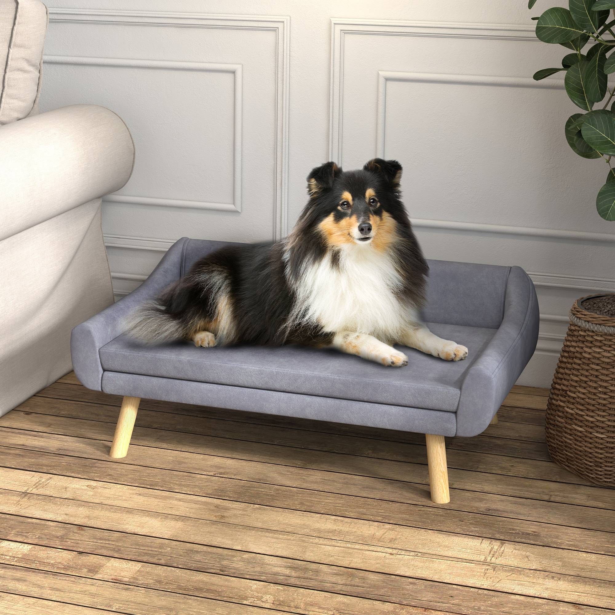 Sans Marque - Haustiersofa Hundesofa Skandidesign abnehmbares Polster Samtoptik 102x58,5x42,5 cm Grau + Natur - Image 3
