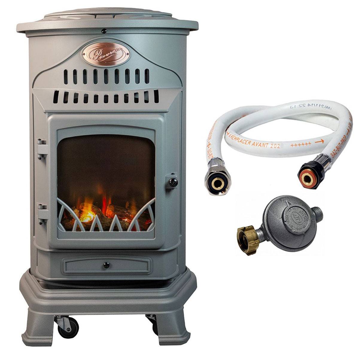 Universal - Poele à gaz 3,4 KW Gris Perle Effet poêle à bois Fonte véritable + Tuyau gaz + détendeur butane Provence Sahara - Imagen 1