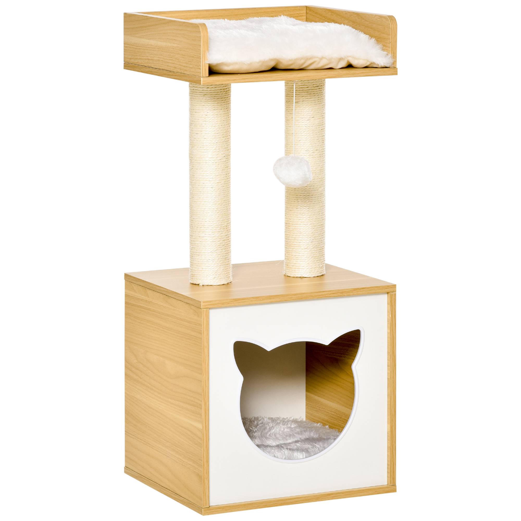 Maison pour chat avec poteaux à griffer en sisal, coussins lavables et balle, 35 x 35 x 81 cm, chêne