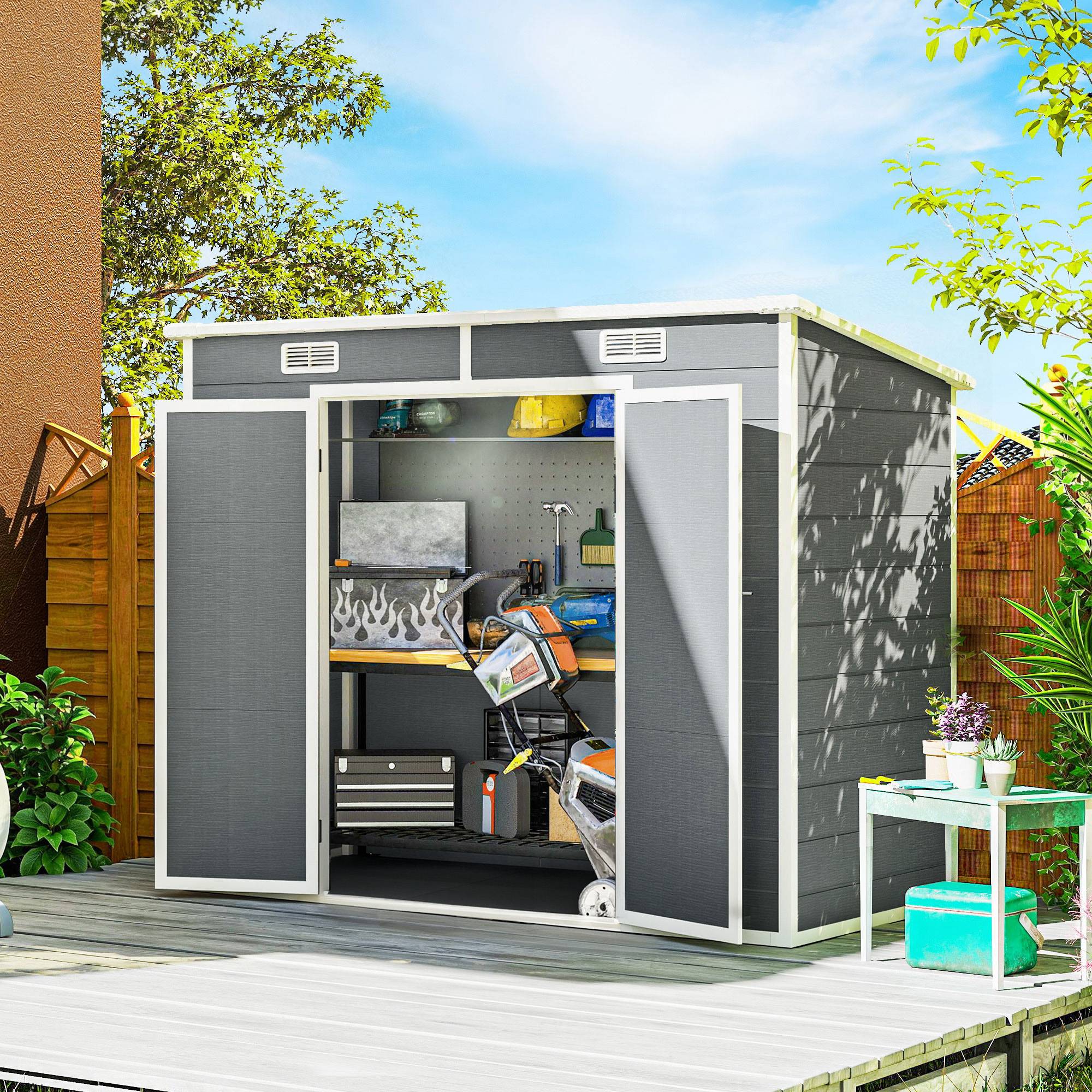 Abri jardin 2,4x1,3m plastique avec sol fenêtre portes verrouillables jardin terrasse gris - Image 3