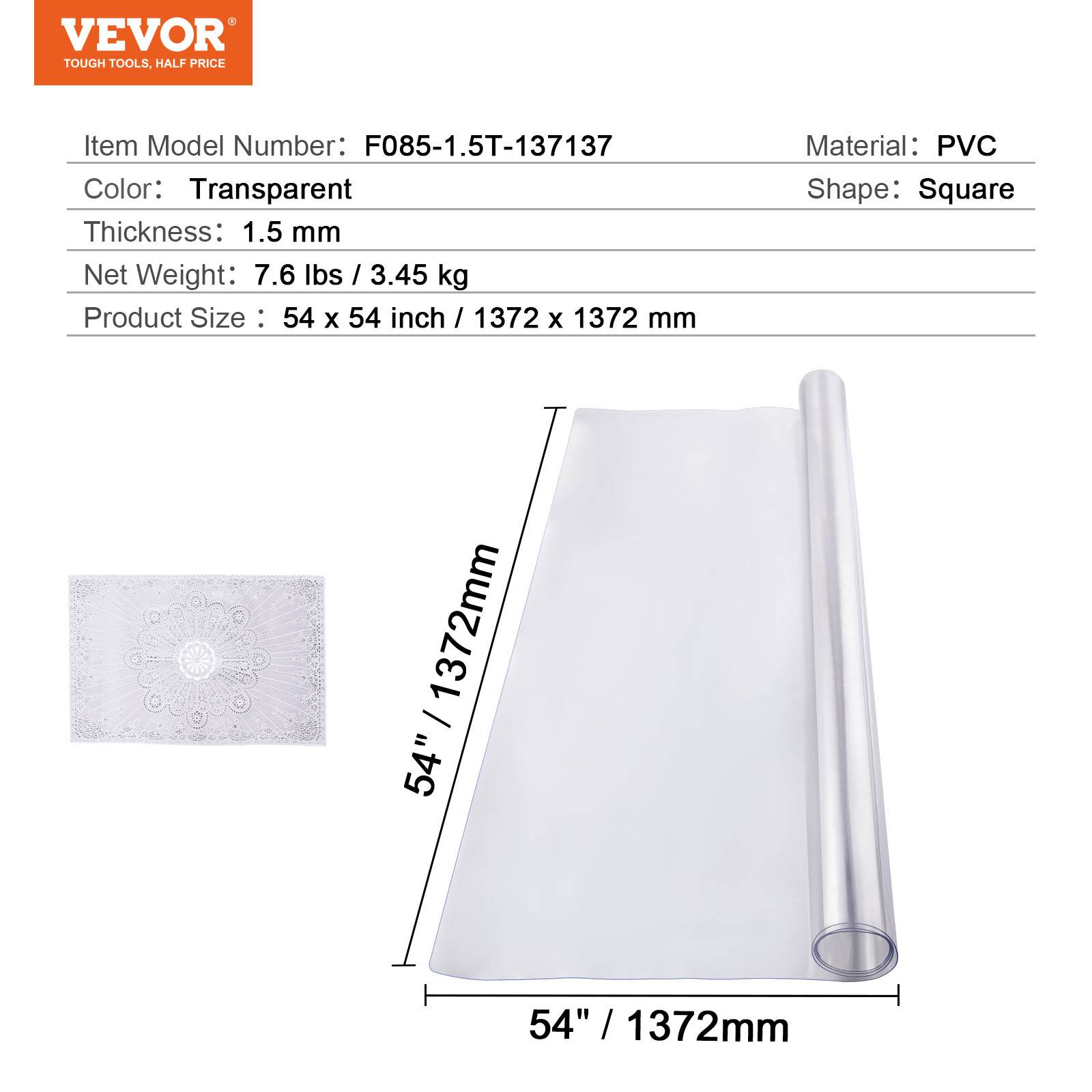 VEVOR Nappe PVC transparente, 54x54", 1.5mm, carrée, résistant eau, bureau, salle à manger. - Image 7