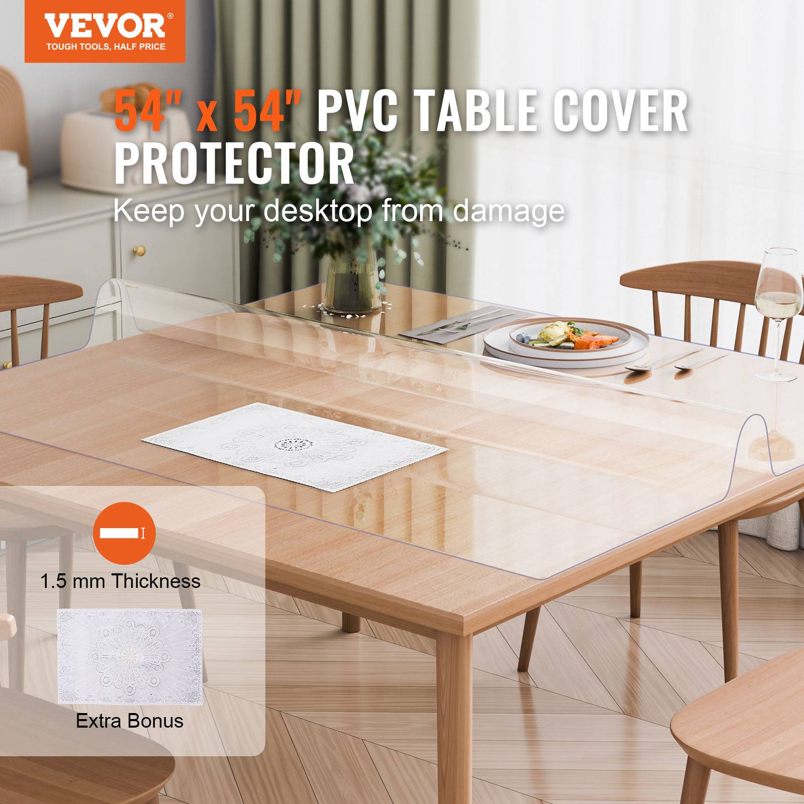 VEVOR Nappe PVC transparente, 54x54", 1.5mm, carrée, résistant eau, bureau, salle à manger. - Image 2