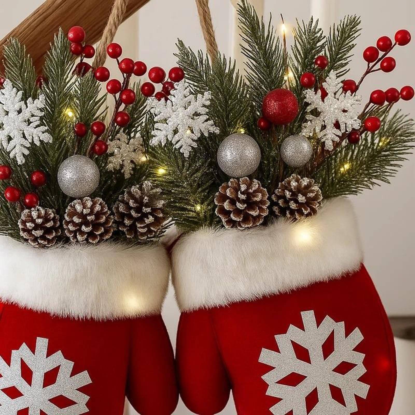 Couronne de Noël printanière, avec 20 LED, branches de pin artificielles, baies rouges, pommes de pin, couronnes décoratives pour les fêtes - Image 5