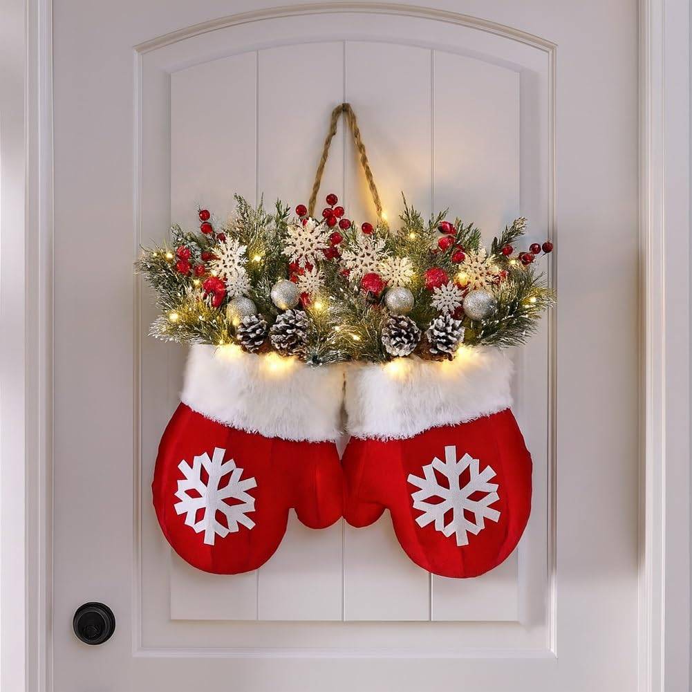 Couronne de Noël printanière, avec 20 LED, branches de pin artificielles, baies rouges, pommes de pin, couronnes décoratives pour les fêtes - Image 1
