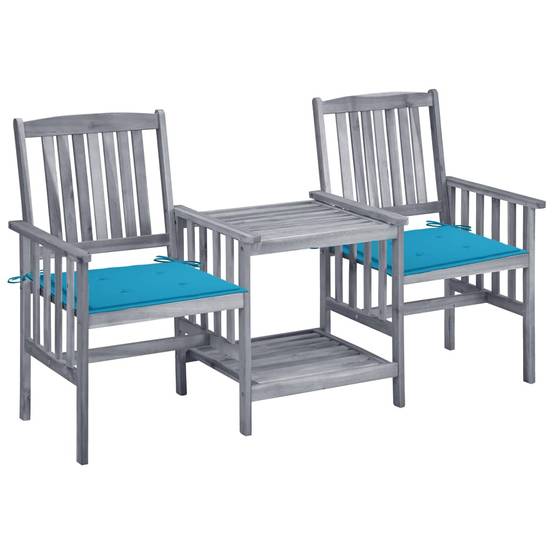 Salon de Jardin 2 Personnes en Bois d'Acacia Gris, Banc Double avec Table et Coussins Bleus Inclus – ComfortXL Outdoor Living - Image 1