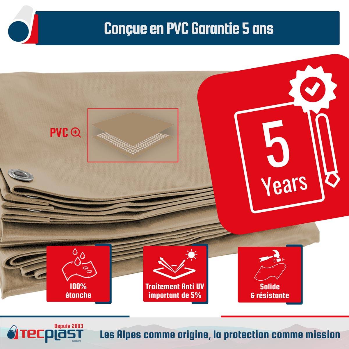 Toile Pergola Beige foncé 3x4 m LP506PR - Garantie 5 ans - Bâche Pergola ou Tonnelle étanche en PVC pour terrasse TECPLAST - Imagen 2