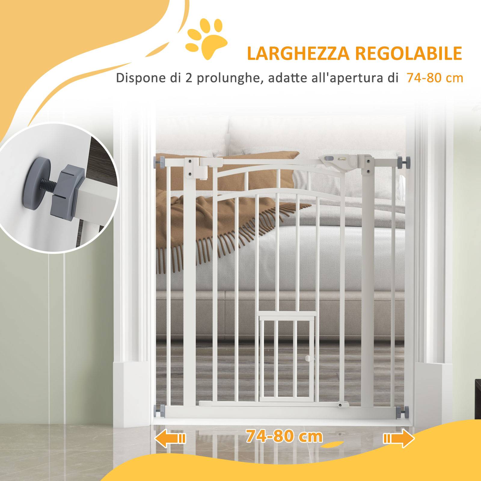 Barrière escalier chien acier intérieur fermeture automatique chatière 74-80x76cm blanc - ComfortXL Pet Living - Image 9