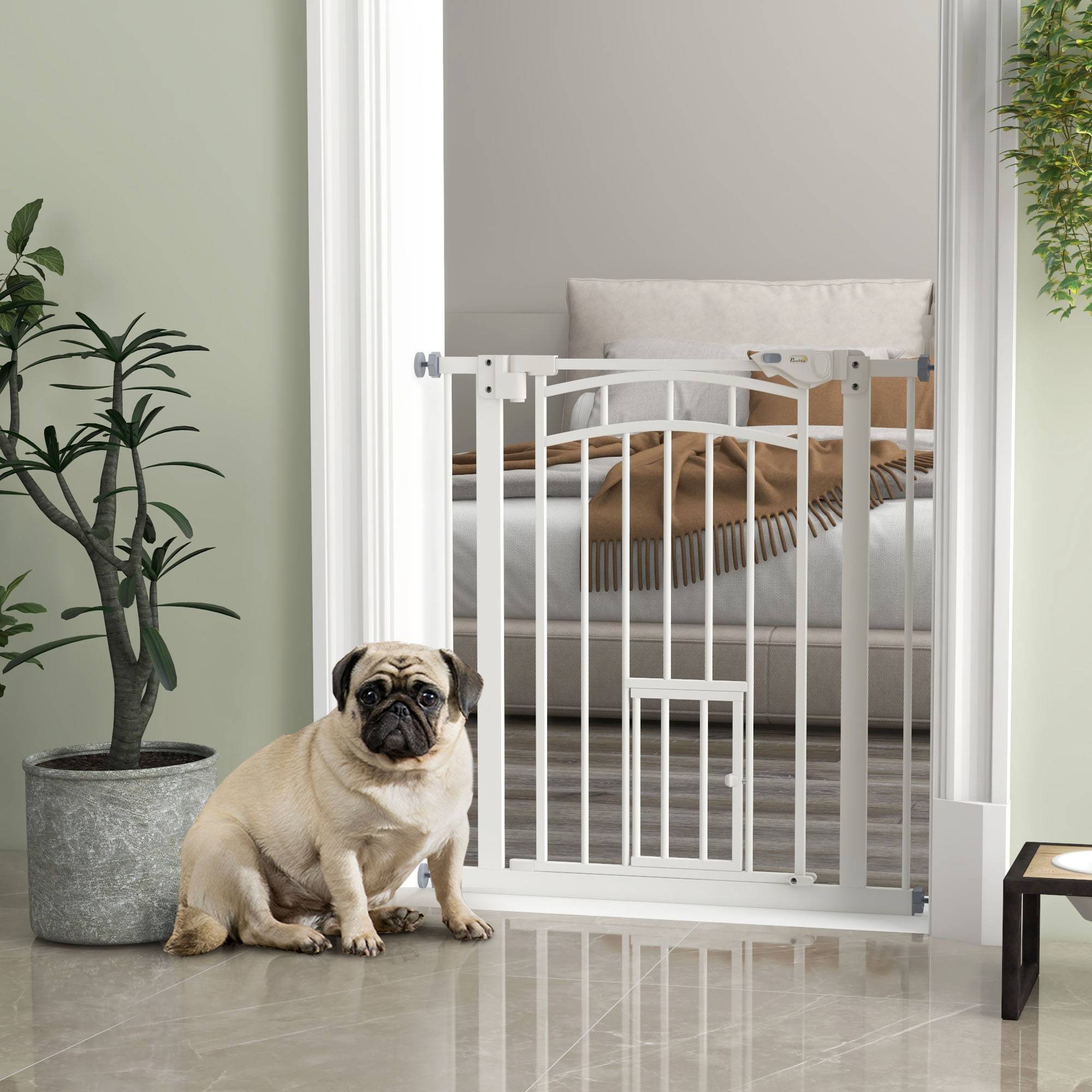 Barrière escalier chien acier intérieur fermeture automatique chatière 74-80x76cm blanc - ComfortXL Pet Living - Image 4