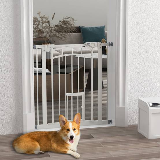 Barrière escalier chien acier intérieur fermeture automatique chatière 74-80x76cm blanc - ComfortXL Pet Living - Image 3