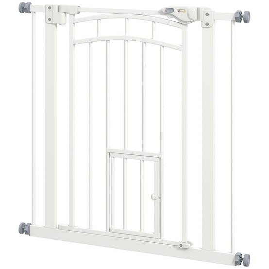 Barrière escalier chien acier intérieur fermeture automatique chatière 74-80x76cm blanc - ComfortXL Pet Living - Image 2